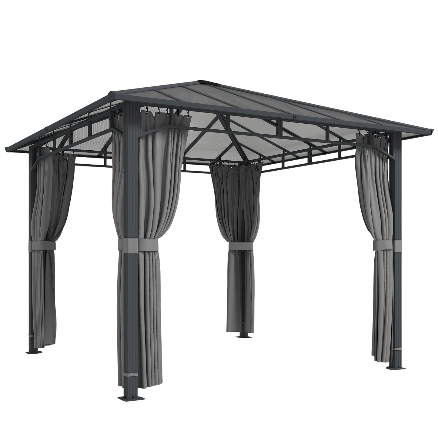 3 x 3 m Outdoor Hardtop Gazebo Canopy with Polycarbonate Roof, Waterproof Aluminium Permanent Pavilion Garden Gazebo Patio Shelter with Curtains, Tan
