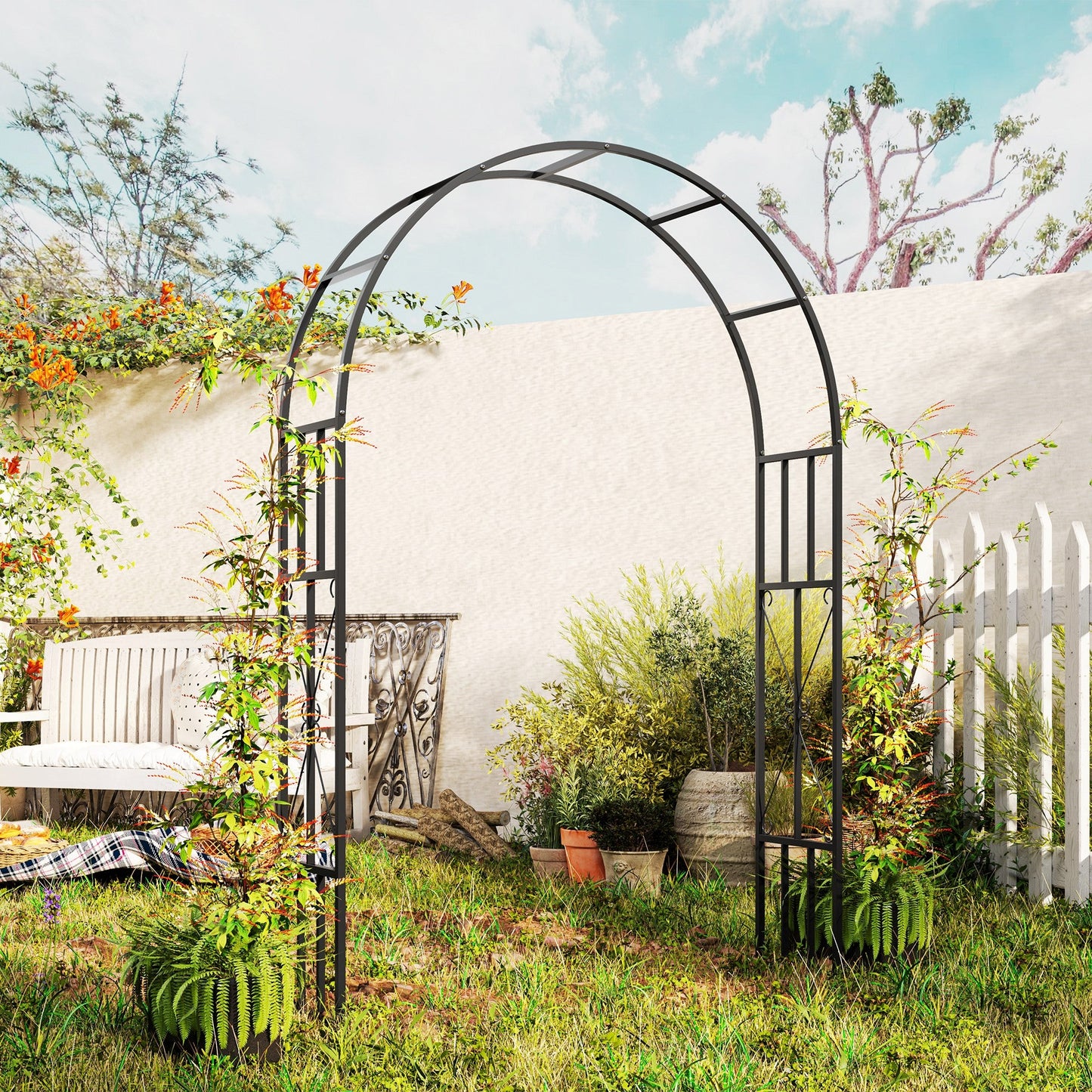 Steel Garden Arch, 2.2m High x 1.5m Wide Metal Garden Trellis for Climbing Plants Roses Wisteria Vines, Outdoor Wedding Arch for Bridal Party Ceremony Decoration, Black