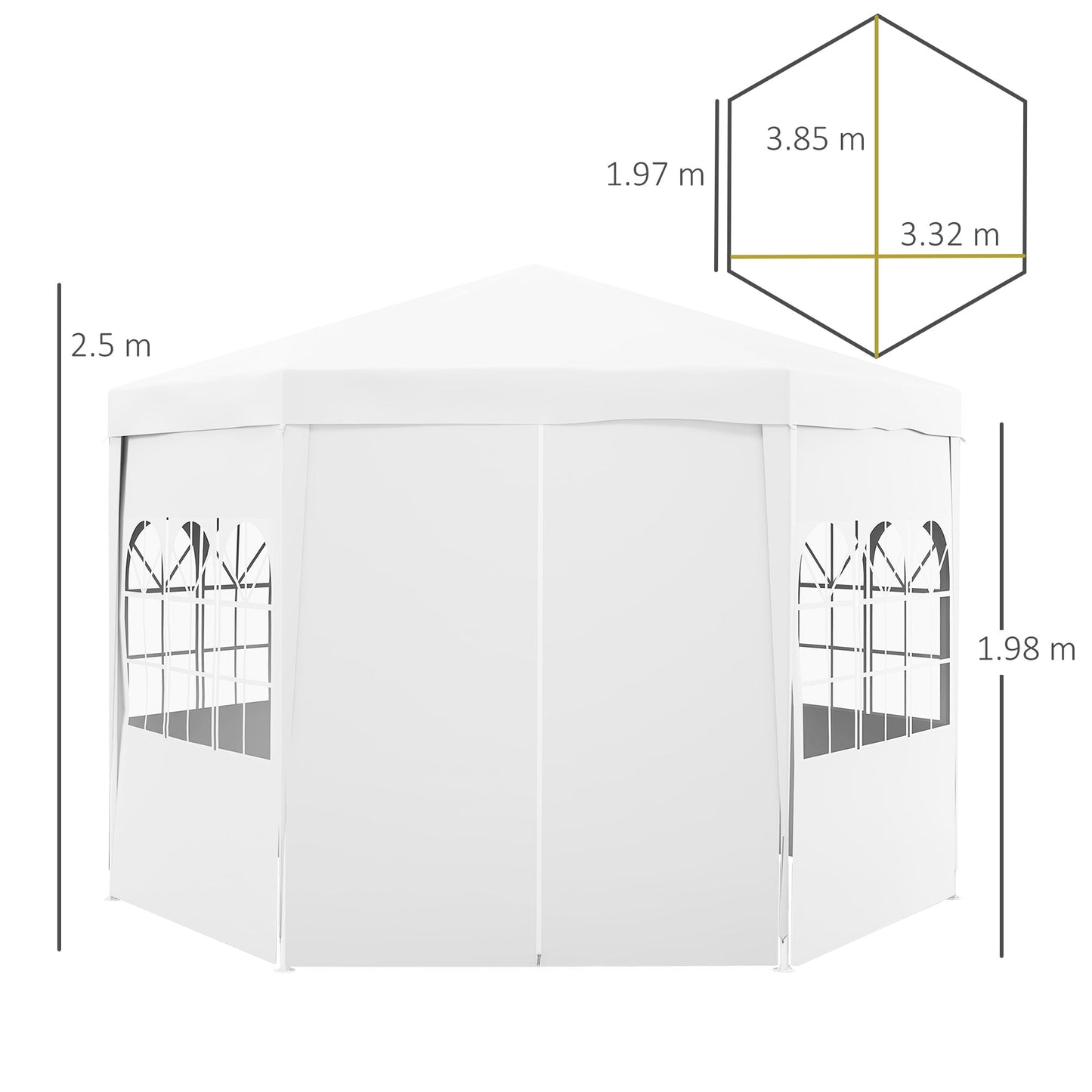 4m Hexagonal Gazebo Canopy Party Tent with 6 Removable Side Walls for Outdoor Event with Windows and Doors, White
