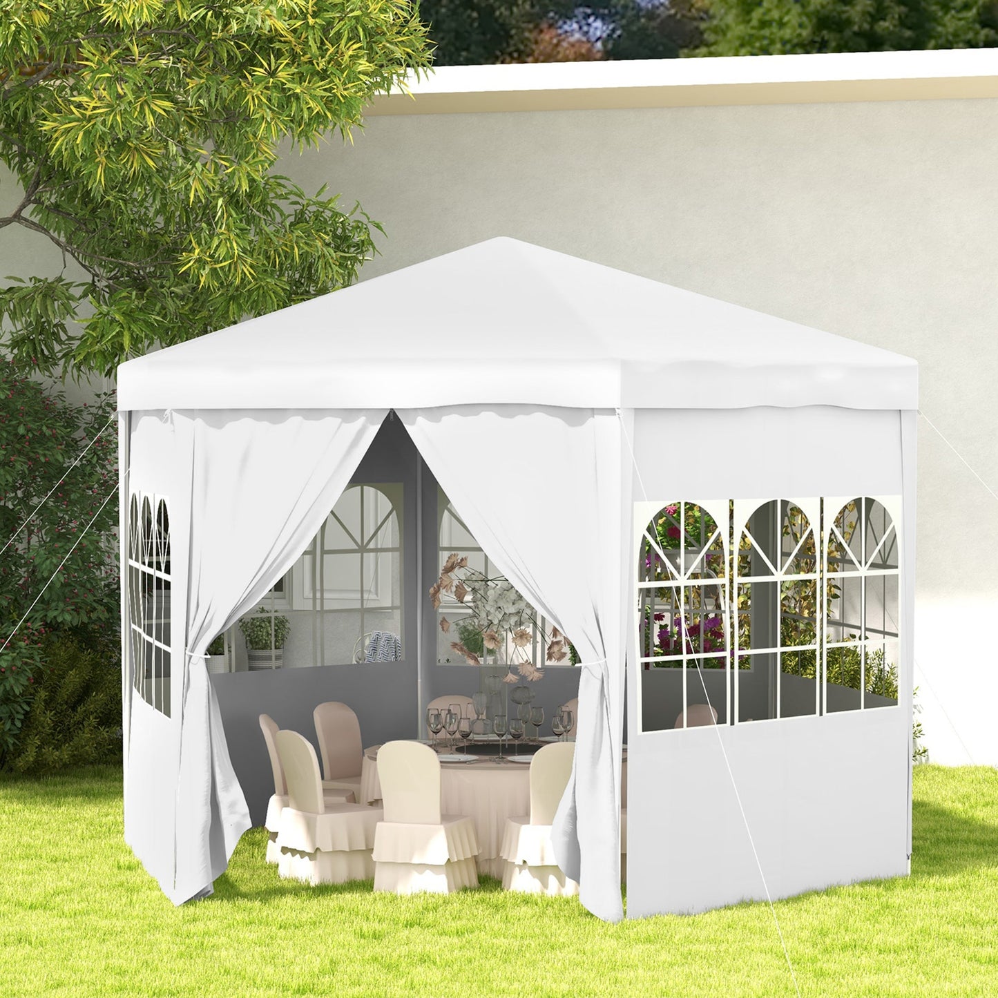 4m Hexagonal Gazebo Canopy Party Tent with 6 Removable Side Walls for Outdoor Event with Windows and Doors, White