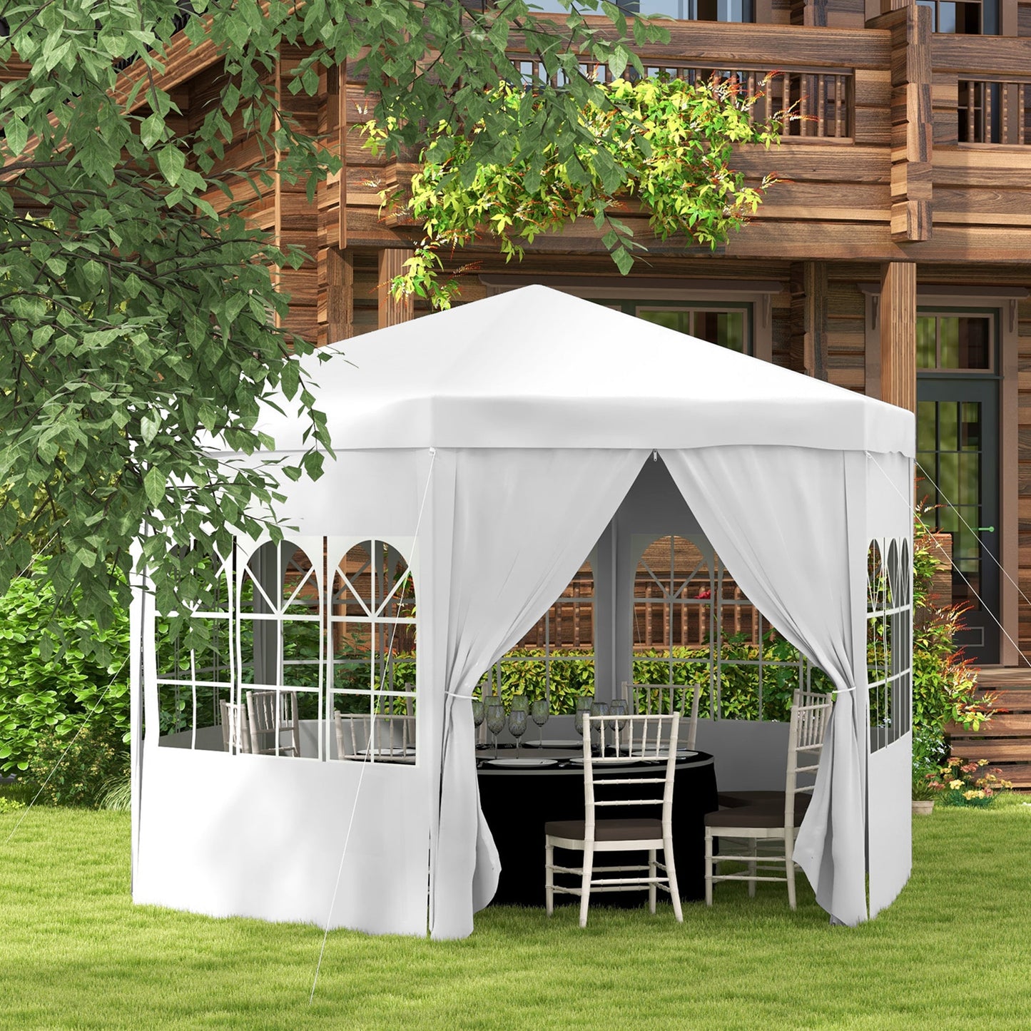 4m Hexagonal Gazebo Canopy Party Tent with 6 Removable Side Walls for Outdoor Event with Windows and Doors, White