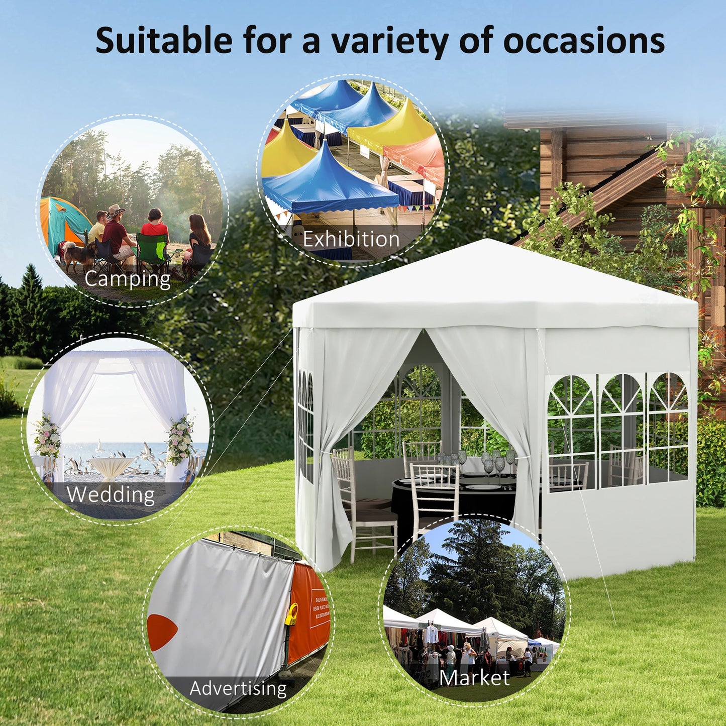 4m Hexagonal Gazebo Canopy Party Tent with 6 Removable Side Walls for Outdoor Event with Windows and Doors, White