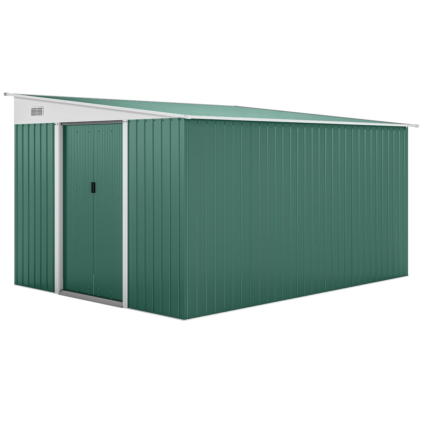 11.3 x 9.2ft Lean to Metal Garden Shed, Outdoor Galvanised Tool Storage House with Double Sliding Doors and 2 Air Vents, Green