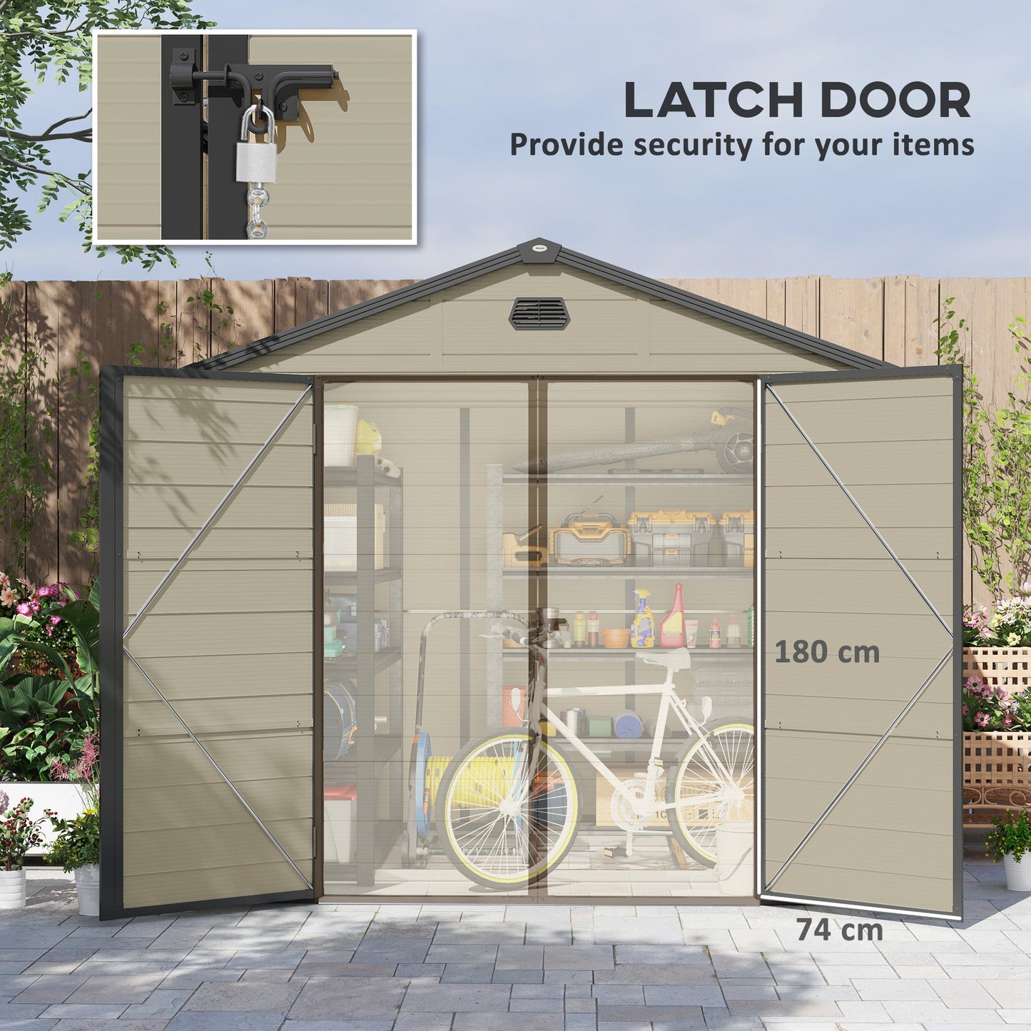 8 x 6ft Plastic Garden Storage Shed with Foundation Kit, Polypropylene Outdoor Storage Tool House with Ventilation Slots and Lockable Door, Cream White