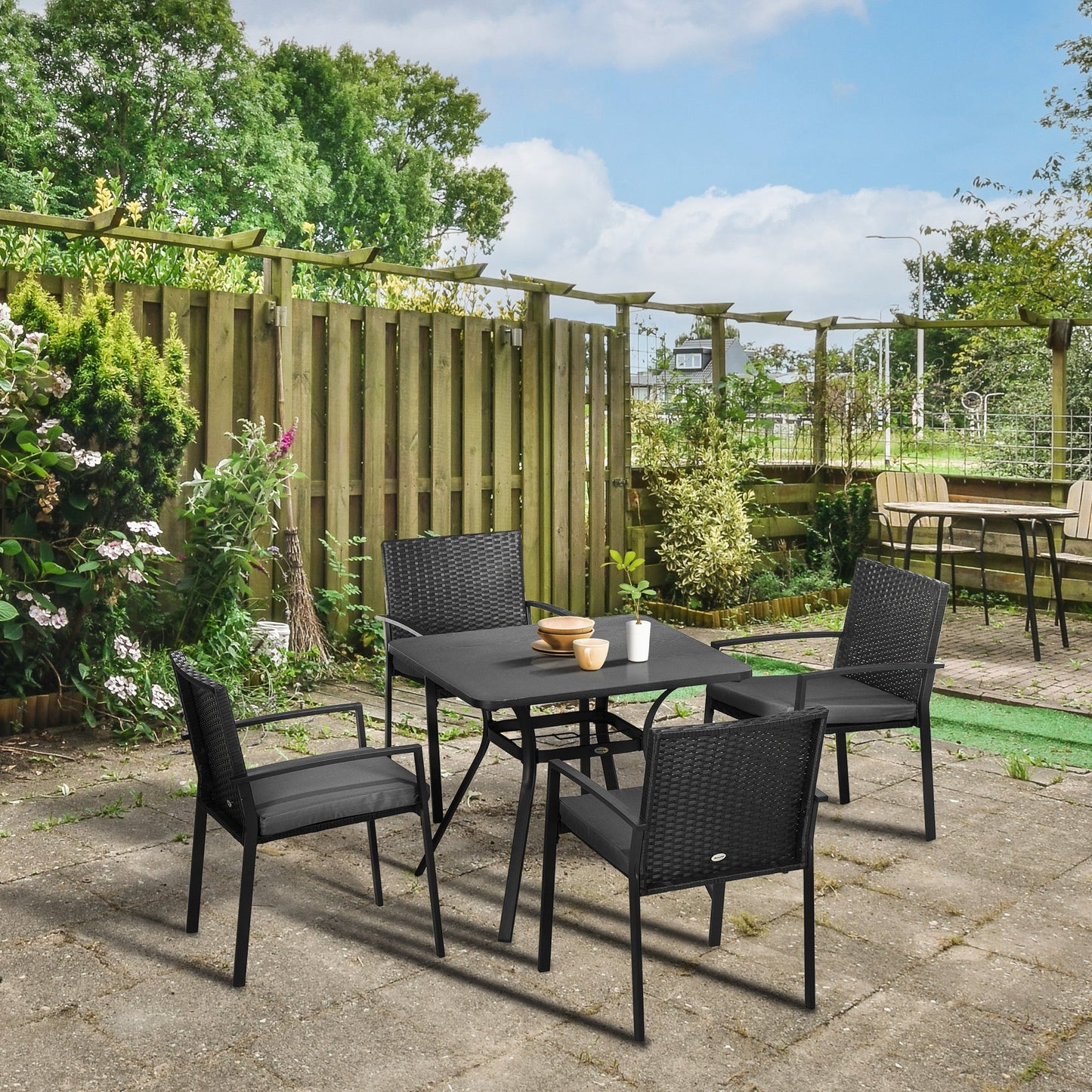 4 Seater Rattan Dining Set with Cushions, Wood Effect Metal Top Table with Umbrella Hole, PE Rattan Garden Furniture Set, Outdoor Dining Table and Chairs for Patio, Balcony, Lawn, Black