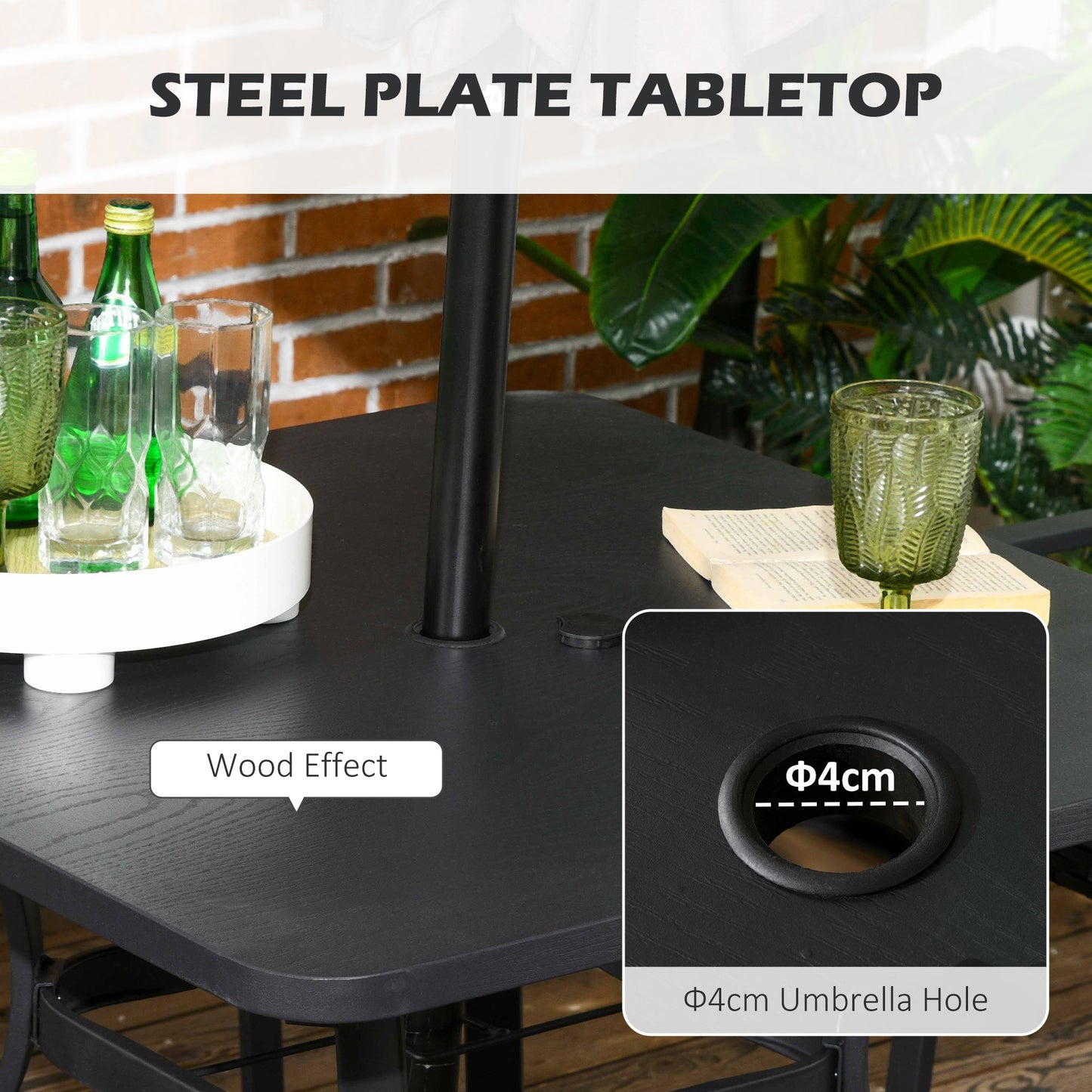 4 Seater Rattan Dining Set with Cushions, Wood Effect Metal Top Table with Umbrella Hole, PE Rattan Garden Furniture Set, Outdoor Dining Table and Chairs for Patio, Balcony, Lawn, Black