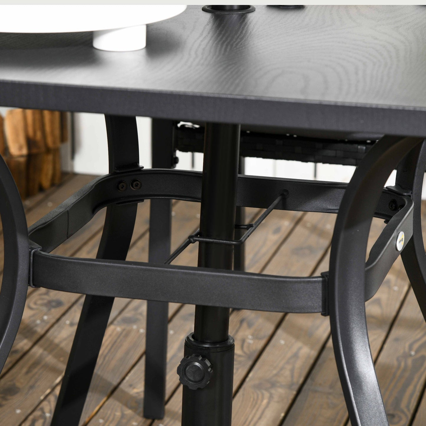 4 Seater Rattan Dining Set with Cushions, Wood Effect Metal Top Table with Umbrella Hole, PE Rattan Garden Furniture Set, Outdoor Dining Table and Chairs for Patio, Balcony, Lawn, Black