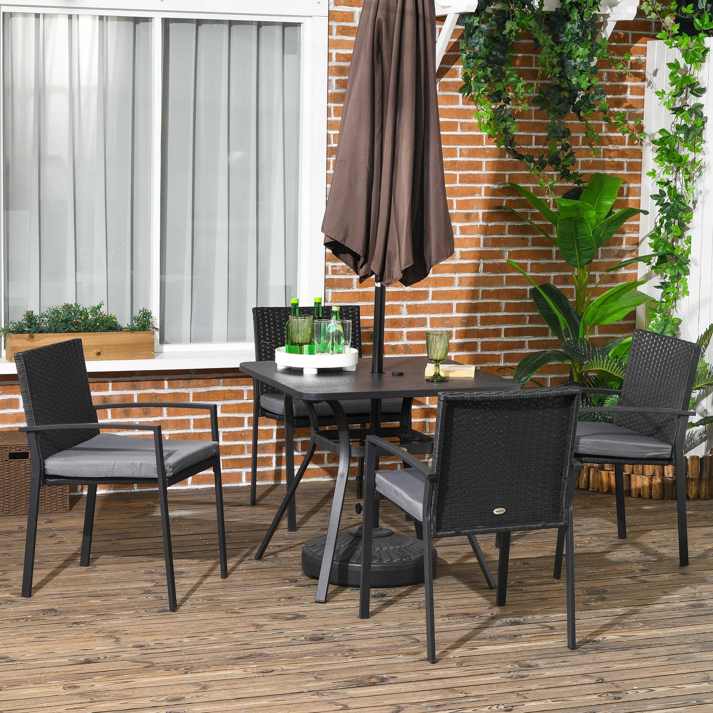 4 Seater Rattan Dining Set with Cushions, Wood Effect Metal Top Table with Umbrella Hole, PE Rattan Garden Furniture Set, Outdoor Dining Table and Chairs for Patio, Balcony, Lawn, Black