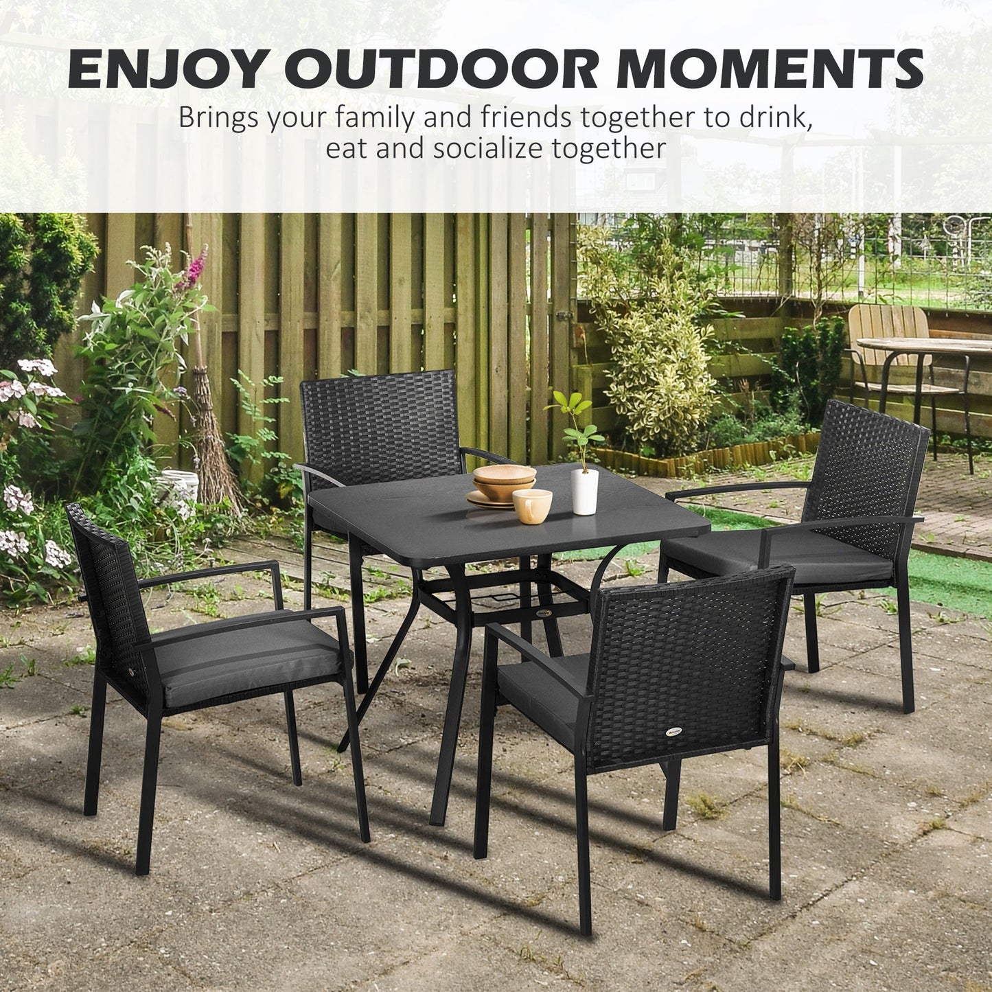 4 Seater Rattan Dining Set with Cushions, Wood Effect Metal Top Table with Umbrella Hole, PE Rattan Garden Furniture Set, Outdoor Dining Table and Chairs for Patio, Balcony, Lawn, Black