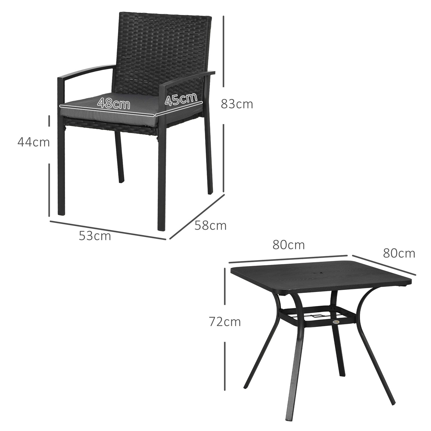 4 Seater Rattan Dining Set with Cushions, Wood Effect Metal Top Table with Umbrella Hole, PE Rattan Garden Furniture Set, Outdoor Dining Table and Chairs for Patio, Balcony, Lawn, Black