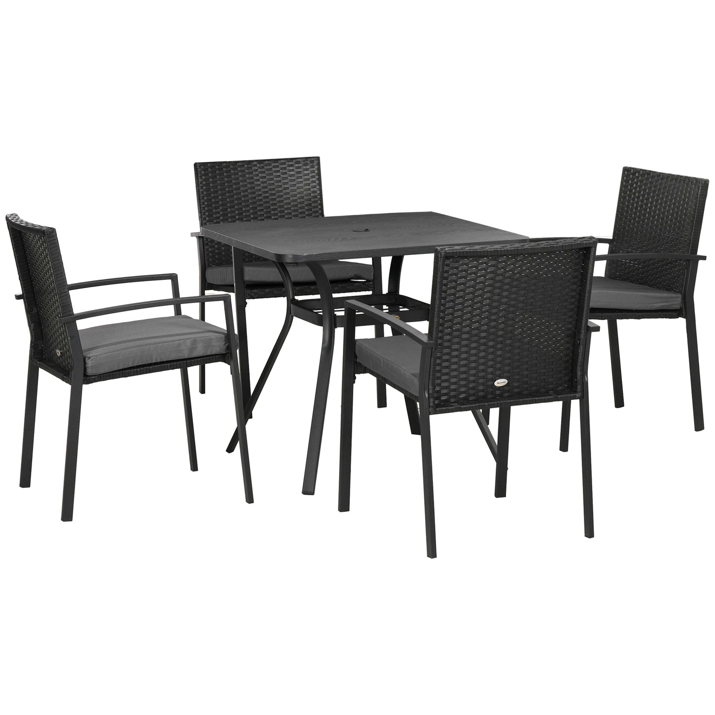 4 Seater Rattan Dining Set with Cushions, Wood Effect Metal Top Table with Umbrella Hole, PE Rattan Garden Furniture Set, Outdoor Dining Table and Chairs for Patio, Balcony, Lawn, Black