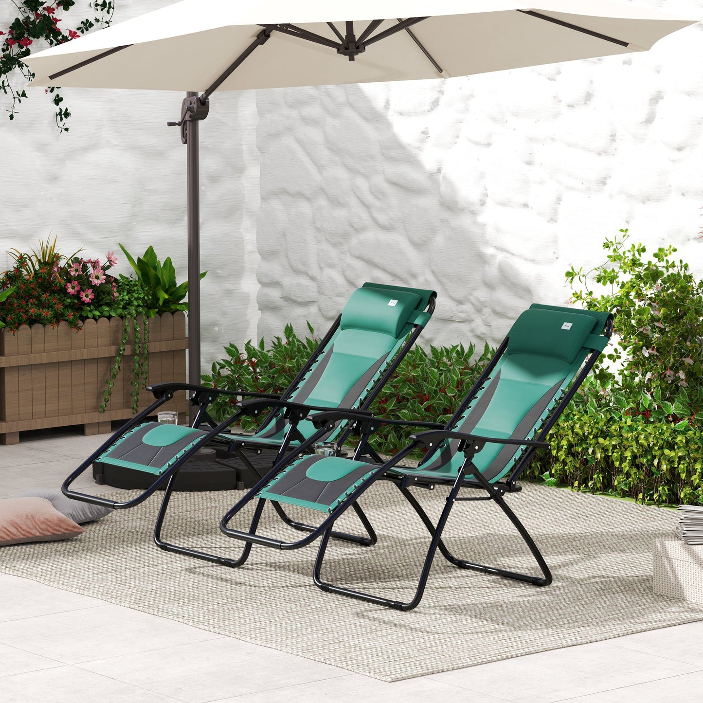 Zero Gravity Lounger Chair Set of 2, Folding Reclining Patio Chair with Padded Seat, Cup Holder, Soft Cushion and Headrest for Poolside, Camping, Green