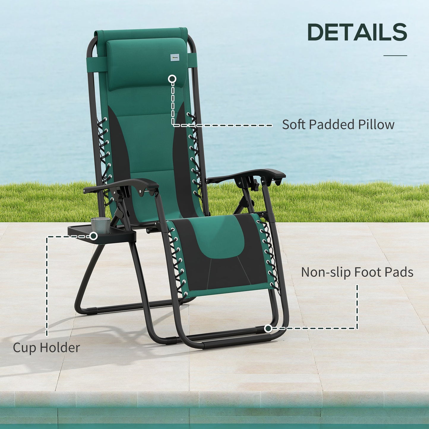 Zero Gravity Lounger Chair Set of 2, Folding Reclining Patio Chair with Padded Seat, Cup Holder, Soft Cushion and Headrest for Poolside, Camping, Green