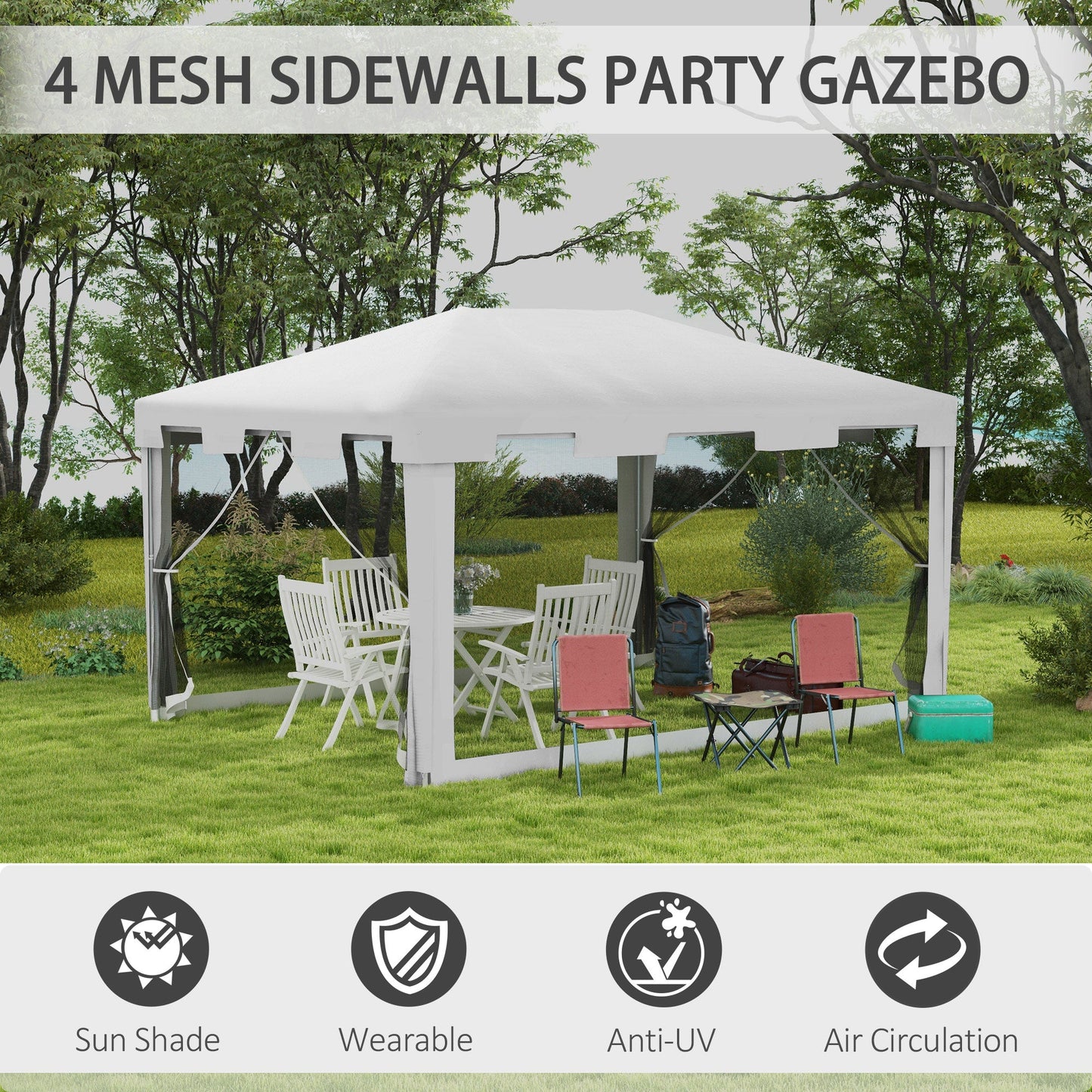 4 m x 3 m Gazebo Party Tent Outdoor Canopy Garden Sun Shade with Mesh Sidewalls, White