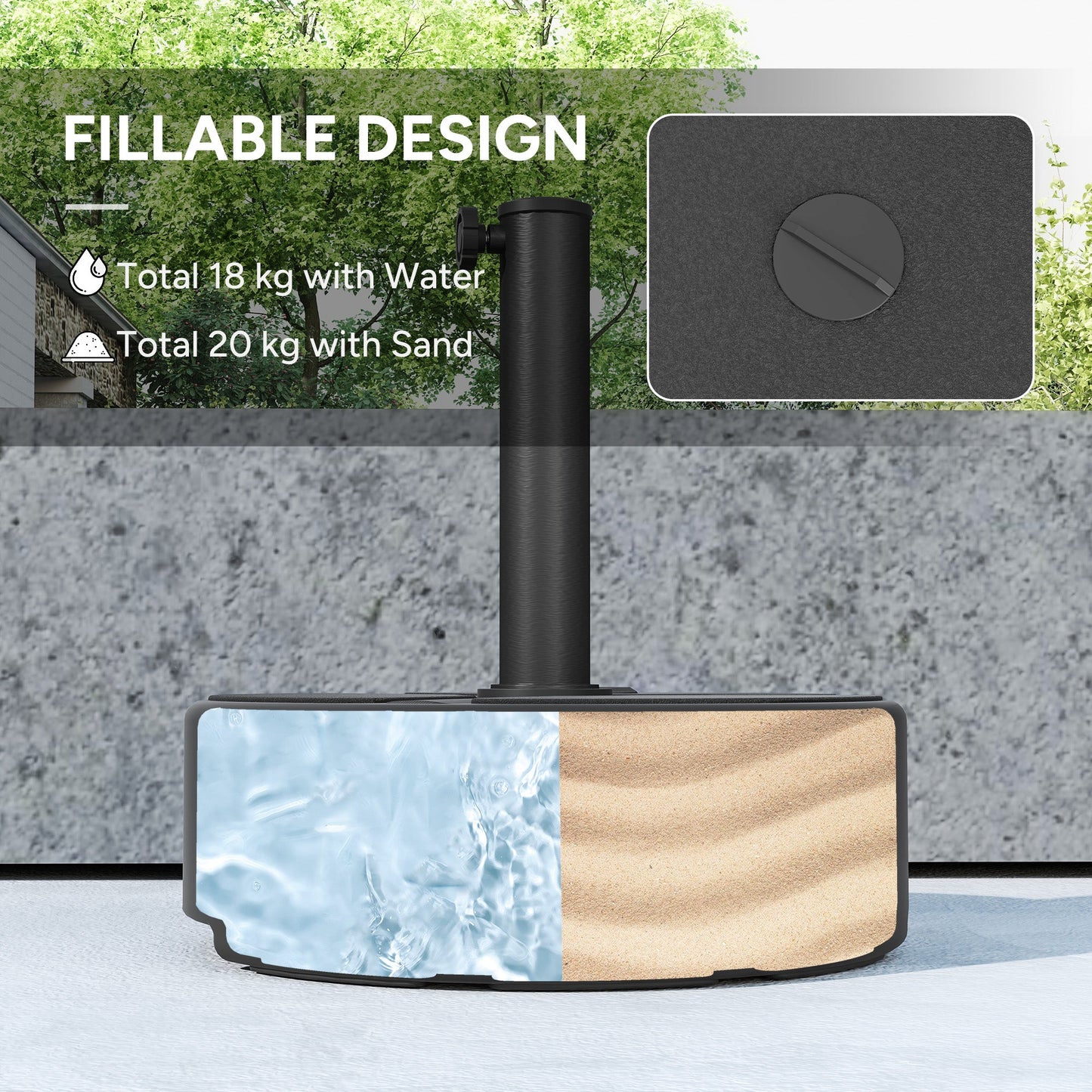 Round Garden Parasol Base, Garden Umbrella Stand Heavy Duty Parasol Base, Filled Up to 20kg with Stand or 18kg with Water for 38, 48 mm Poles, Black