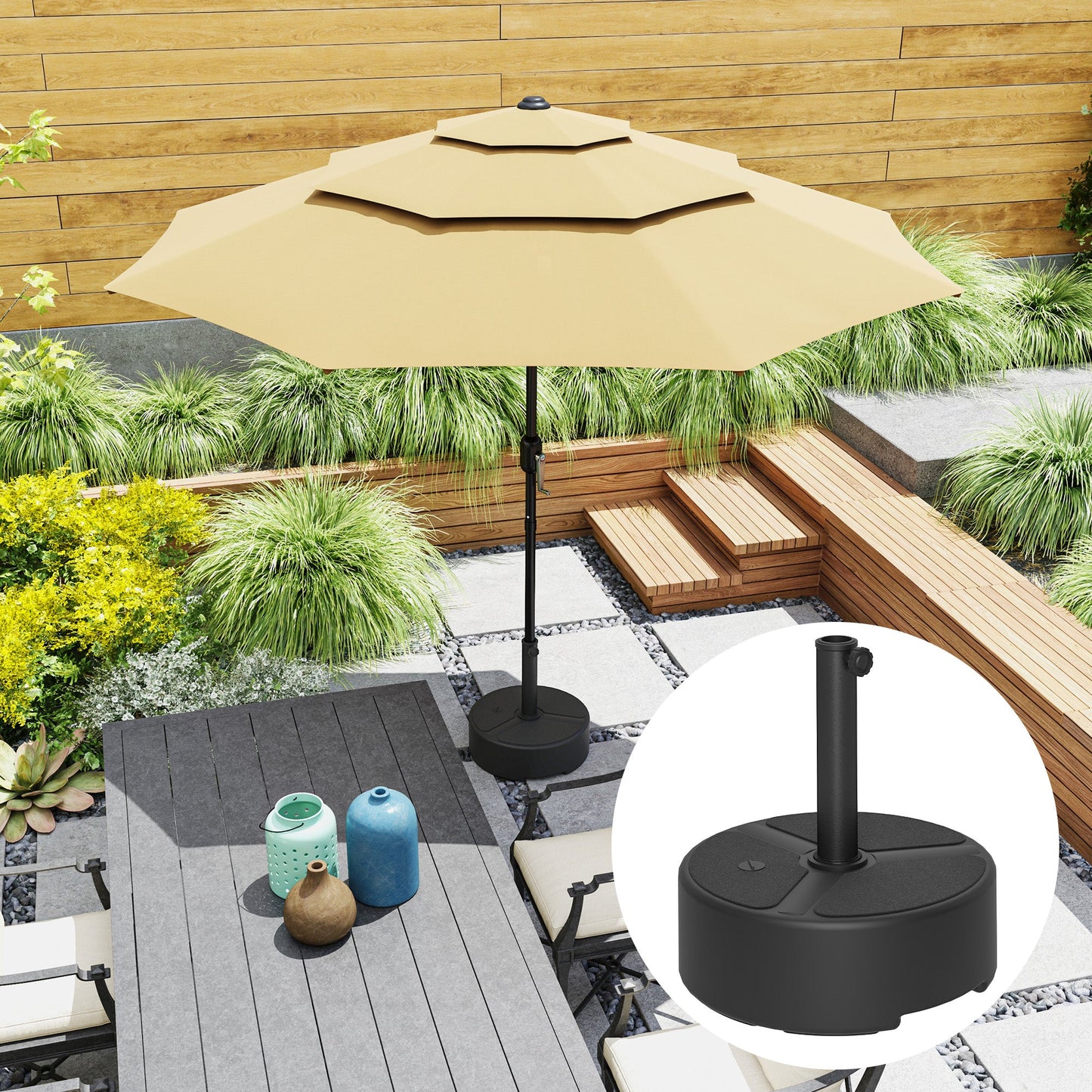 Round Garden Parasol Base, Garden Umbrella Stand Heavy Duty Parasol Base, Filled Up to 20kg with Stand or 18kg with Water for 38, 48 mm Poles, Black