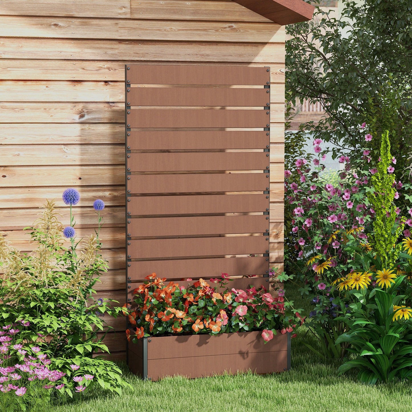 Garden Planter with Trellis for Climbing Plants, Vines, Flowers, Freestanding Raised Bed for Garden, Outdoor, Patio, Planter Box with Drainage Gap, Light Brown
