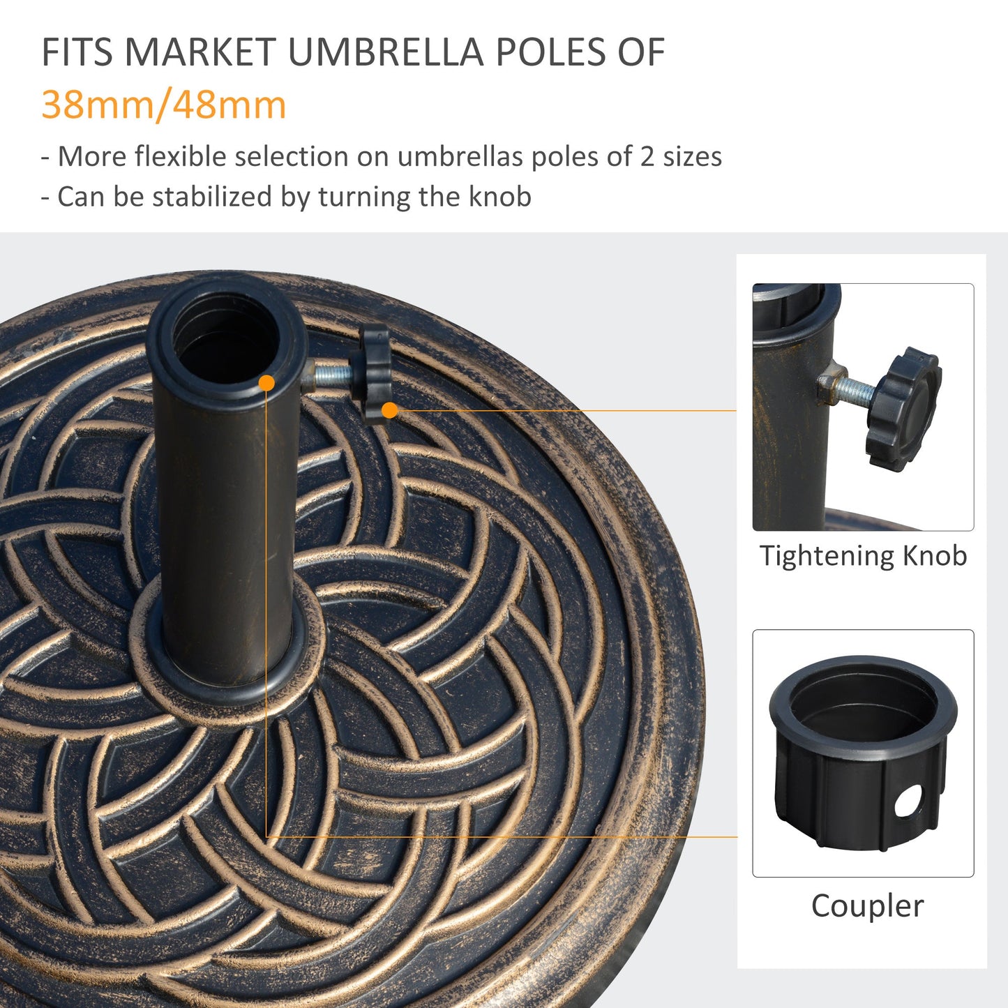 11.5kg Garden Parasol Base, Round Heavy Duty Umbrella Stand Holder, Resin Parasol Stand for 38mm or 48mm Outdoor Umbrella Poles, Bronze Tone