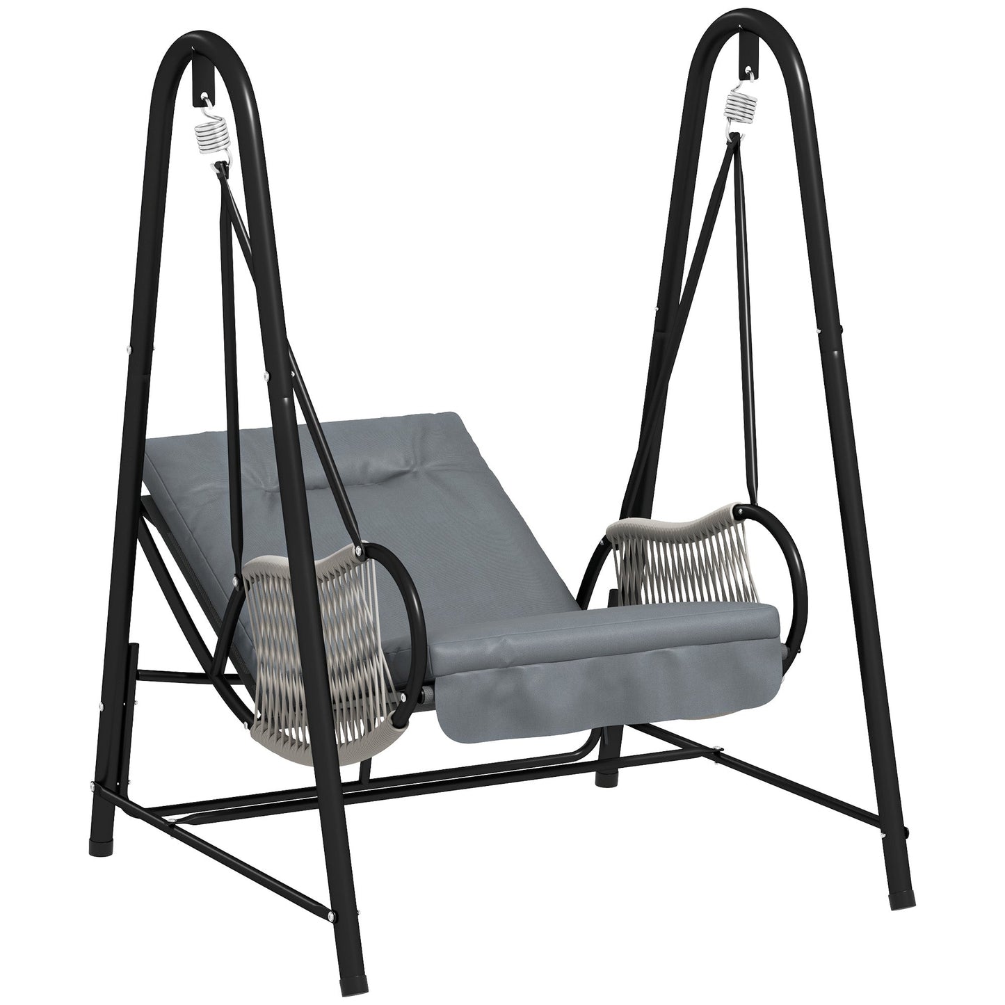 Rattan Swing Chair, Outdoor Garden Hanging Swing Seat with Stand and Seat Cushion, Porch Hanging Chair for Balcony, Garden, Deck, Light Grey