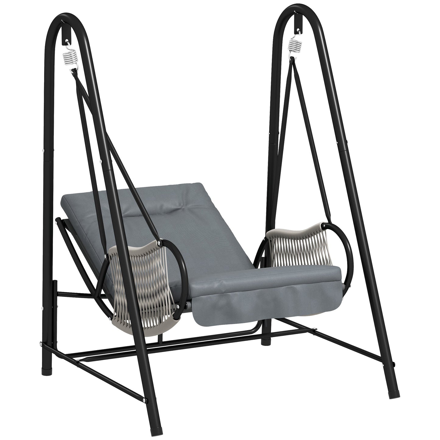 Rattan Swing Chair, Outdoor Garden Hanging Swing Seat with Stand and Seat Cushion, Porch Hanging Chair for Balcony, Garden, Deck, Light Grey