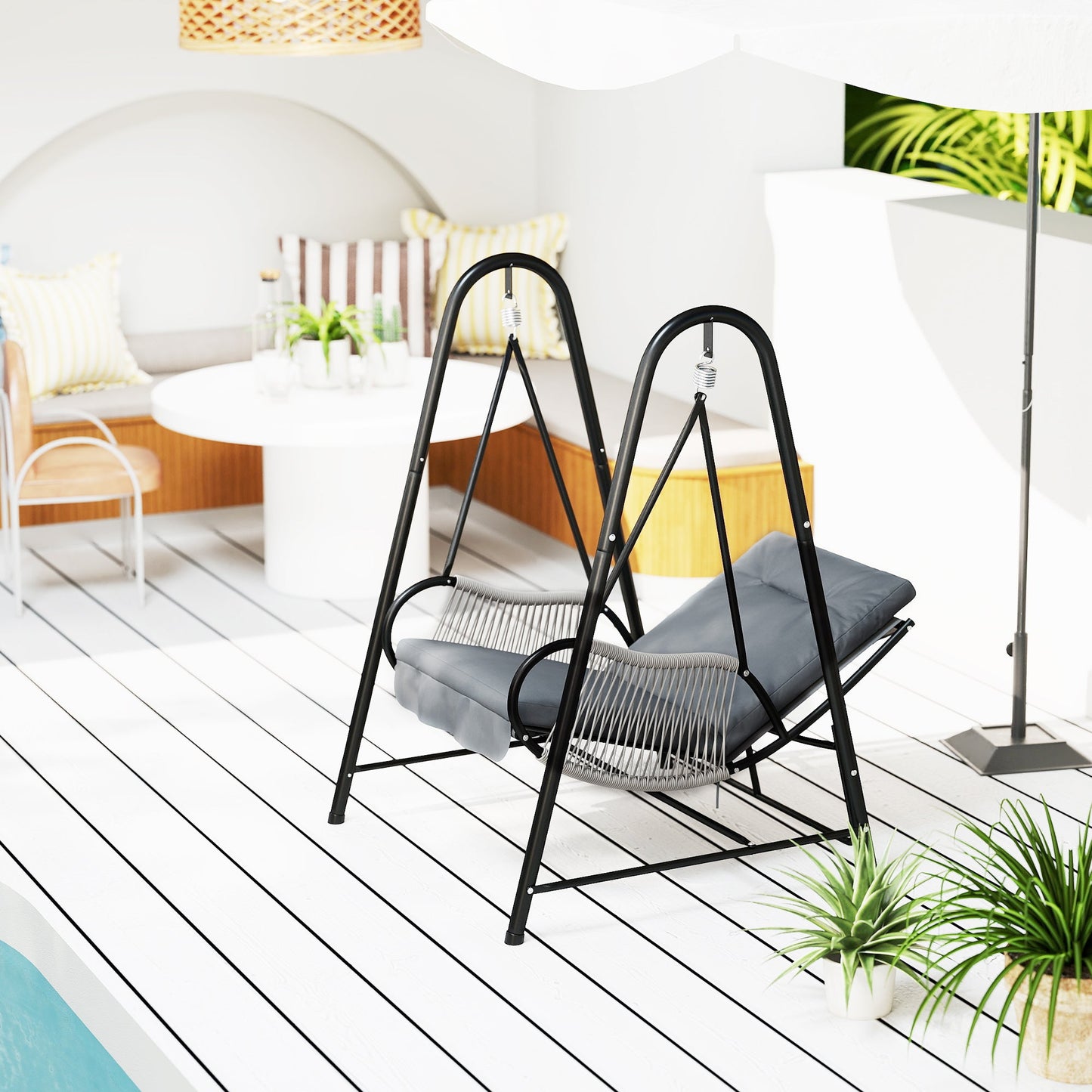 Rattan Swing Chair, Outdoor Garden Hanging Swing Seat with Stand and Seat Cushion, Porch Hanging Chair for Balcony, Garden, Deck, Light Grey