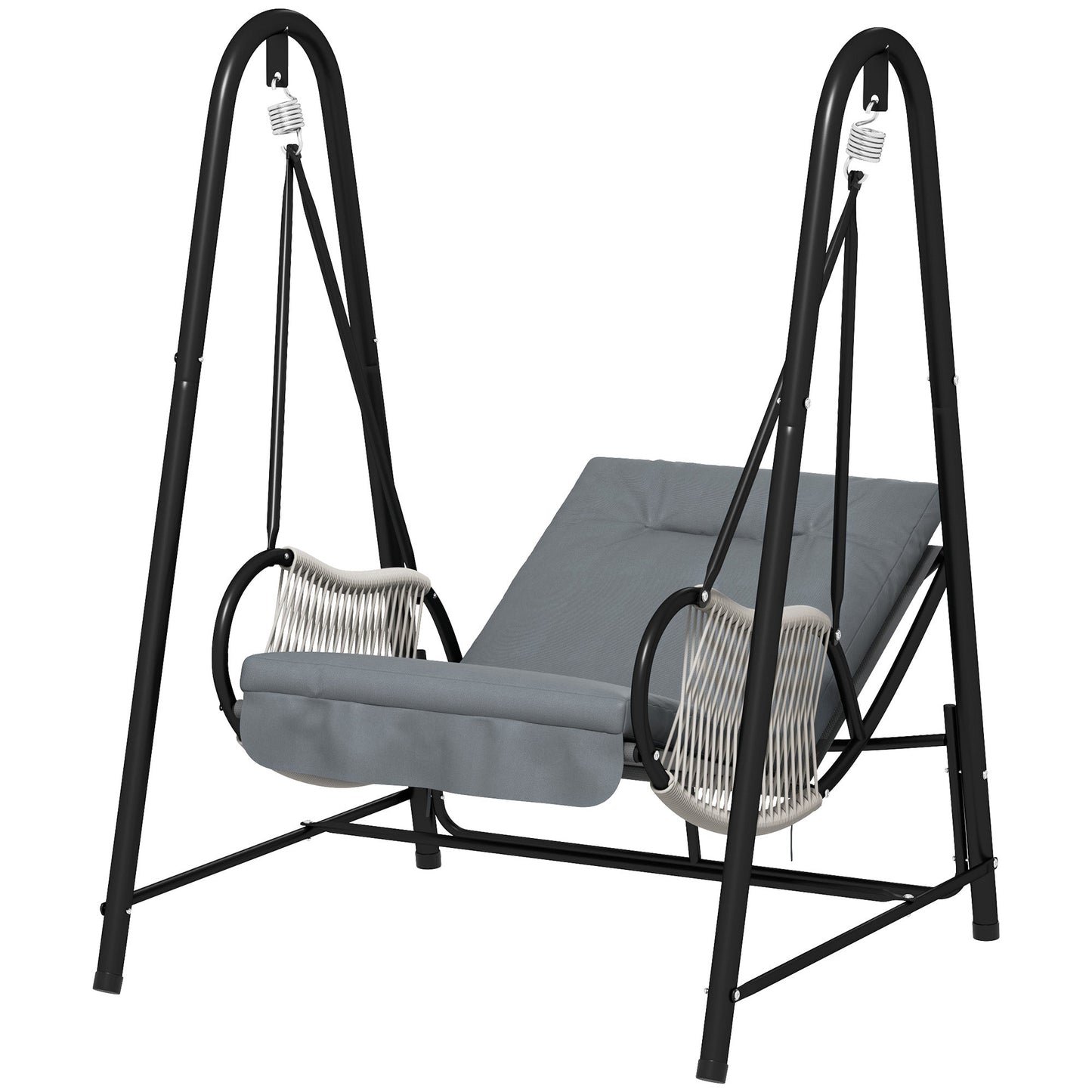 Rattan Swing Chair, Outdoor Garden Hanging Swing Seat with Stand and Seat Cushion, Porch Hanging Chair for Balcony, Garden, Deck, Light Grey