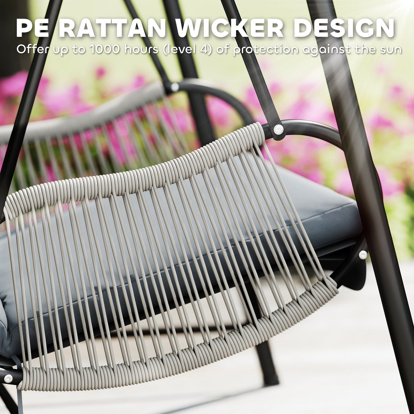Rattan Swing Chair, Outdoor Garden Hanging Swing Seat with Stand and Seat Cushion, Porch Hanging Chair for Balcony, Garden, Deck, Light Grey