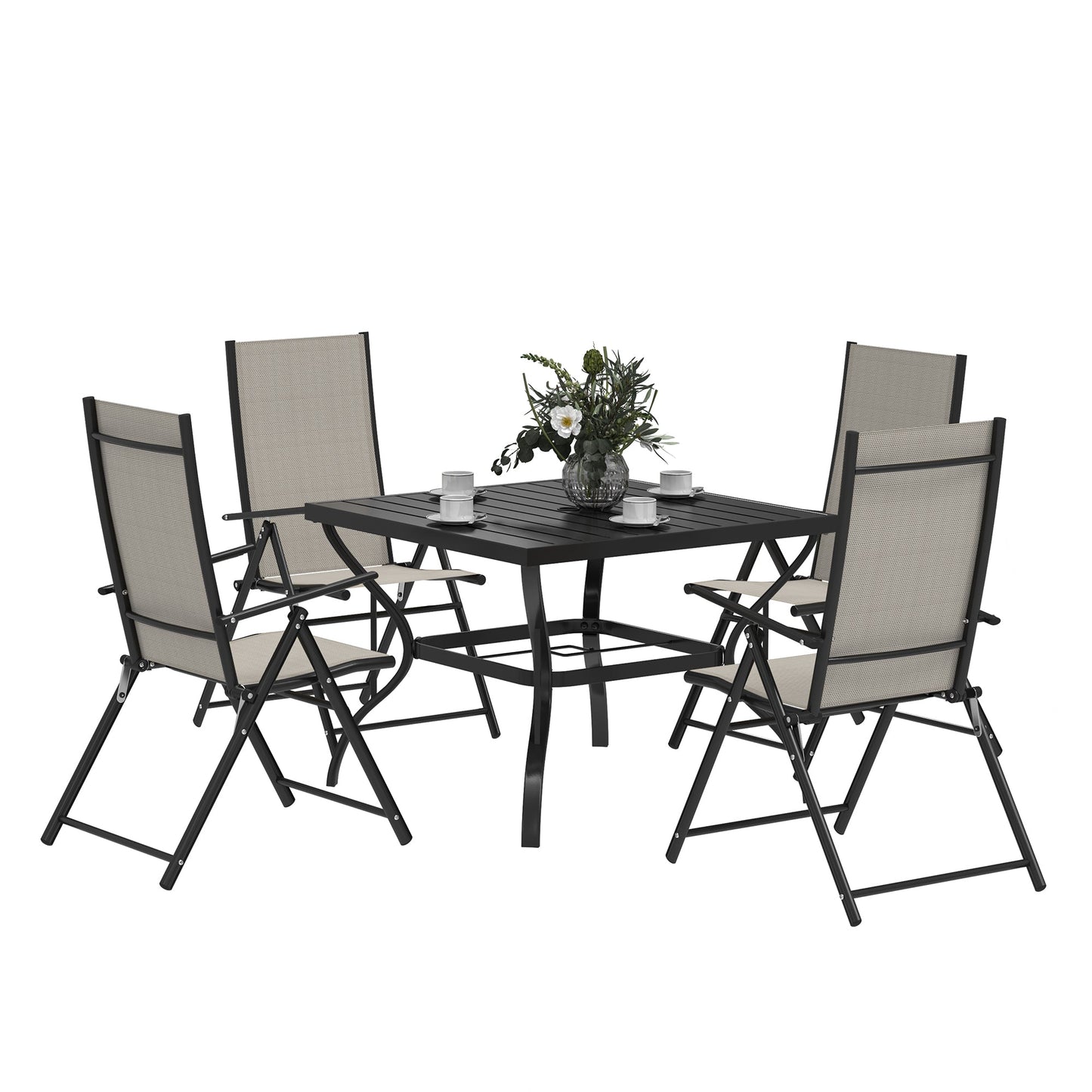 5 Pieces Garden Dining Set, 4 Seater Garden Furniture Set with Parasol Hole, Outdoor Dining Set with High Back Folding Chairs and Square Metal Top Table for Outdoor Patio, Khaki