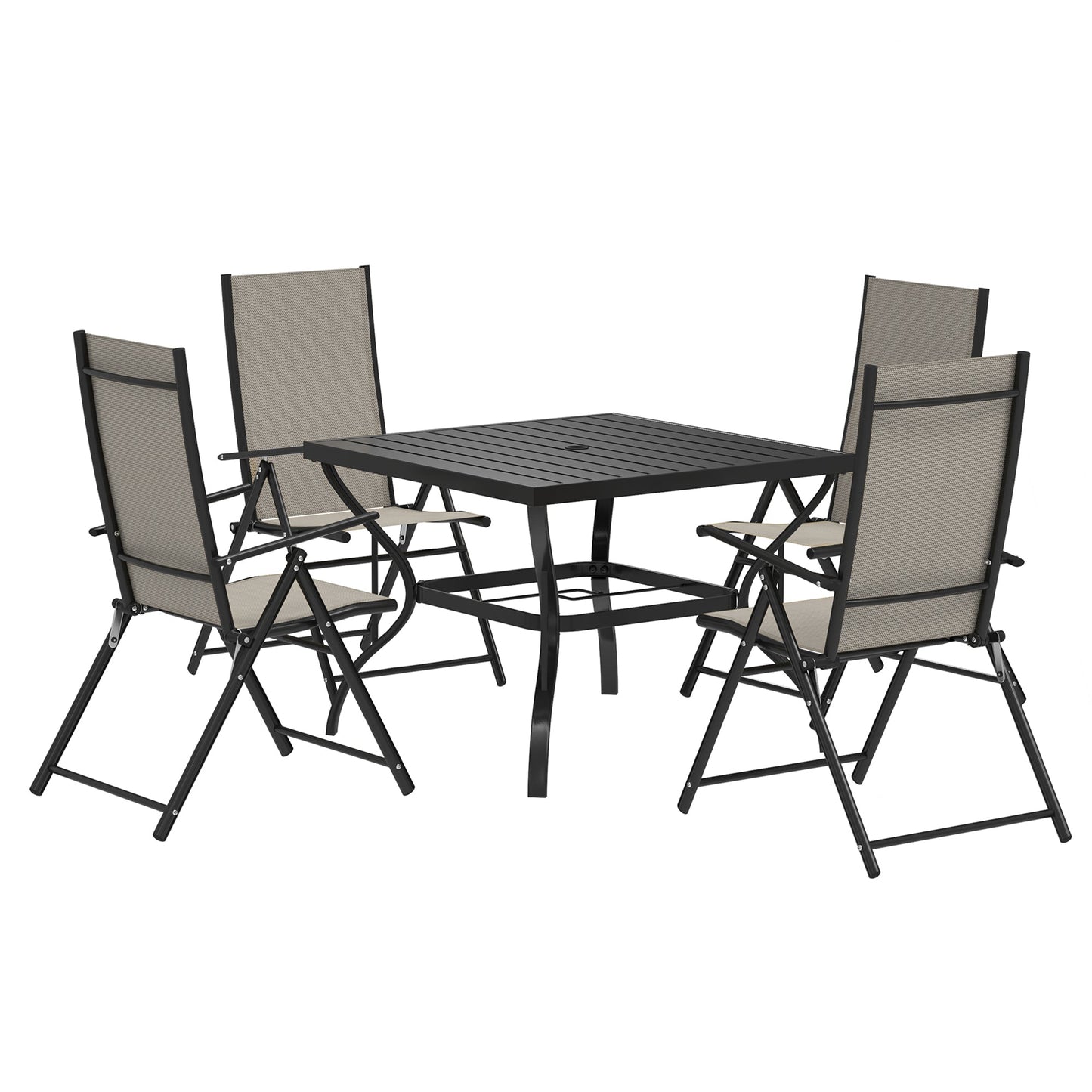 5 Pieces Garden Dining Set, 4 Seater Garden Furniture Set with Parasol Hole, Outdoor Dining Set with High Back Folding Chairs and Square Metal Top Table for Outdoor Patio, Khaki