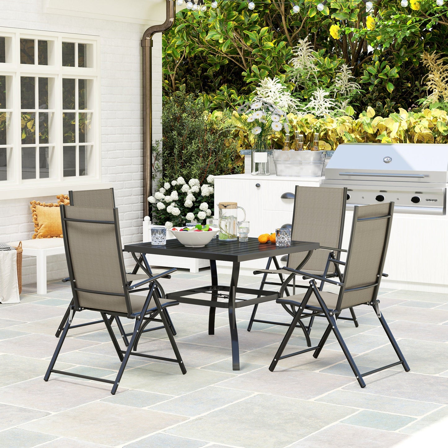 5 Pieces Garden Dining Set, 4 Seater Garden Furniture Set with Parasol Hole, Outdoor Dining Set with High Back Folding Chairs and Square Metal Top Table for Outdoor Patio, Khaki