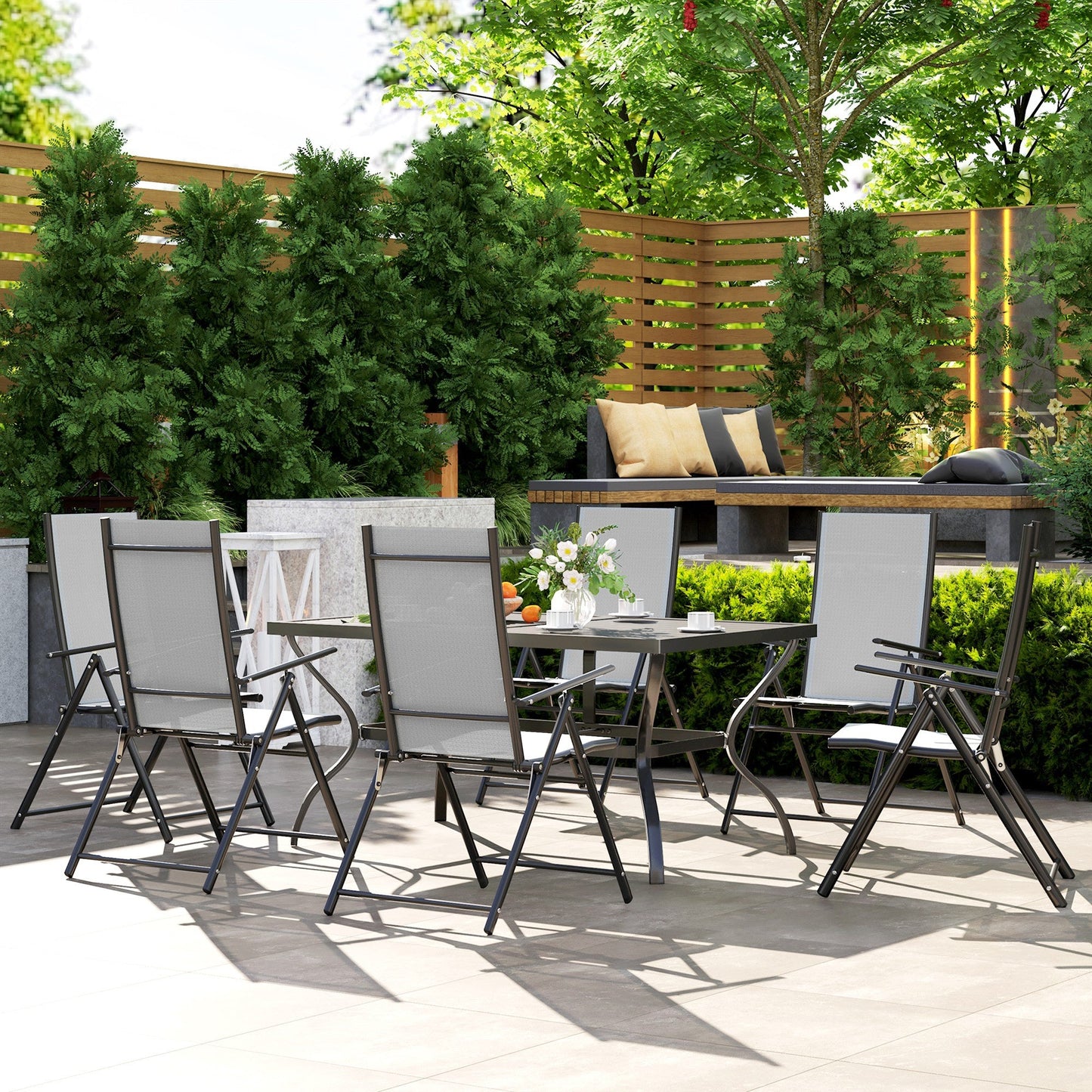 7 Pieces Garden Dining Set, 6 Seater Garden Furniture Set with Parasol Hole, Outdoor Dining Set with High Back Folding Chairs and Square Metal Top Table for Outdoor Patio, Grey