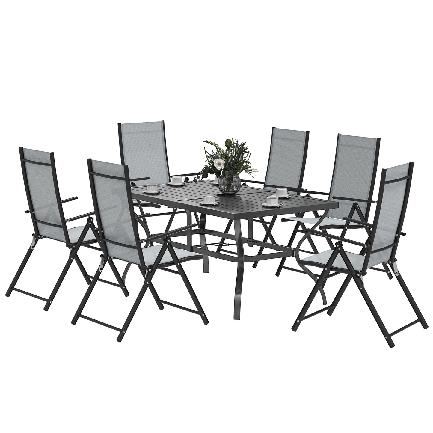 7 Pieces Garden Dining Set, 6 Seater Garden Furniture Set with Parasol Hole, Outdoor Dining Set with High Back Folding Chairs and Square Metal Top Table for Outdoor Patio, Grey