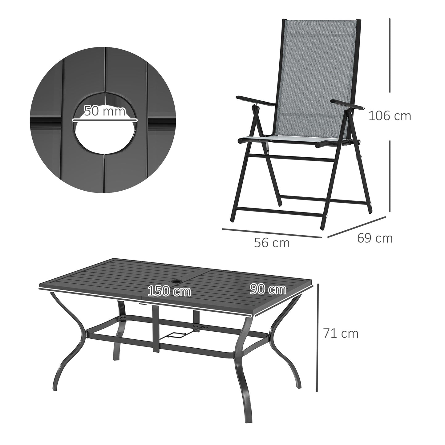 7 Pieces Garden Dining Set, 6 Seater Garden Furniture Set with Parasol Hole, Outdoor Dining Set with High Back Folding Chairs and Square Metal Top Table for Outdoor Patio, Grey