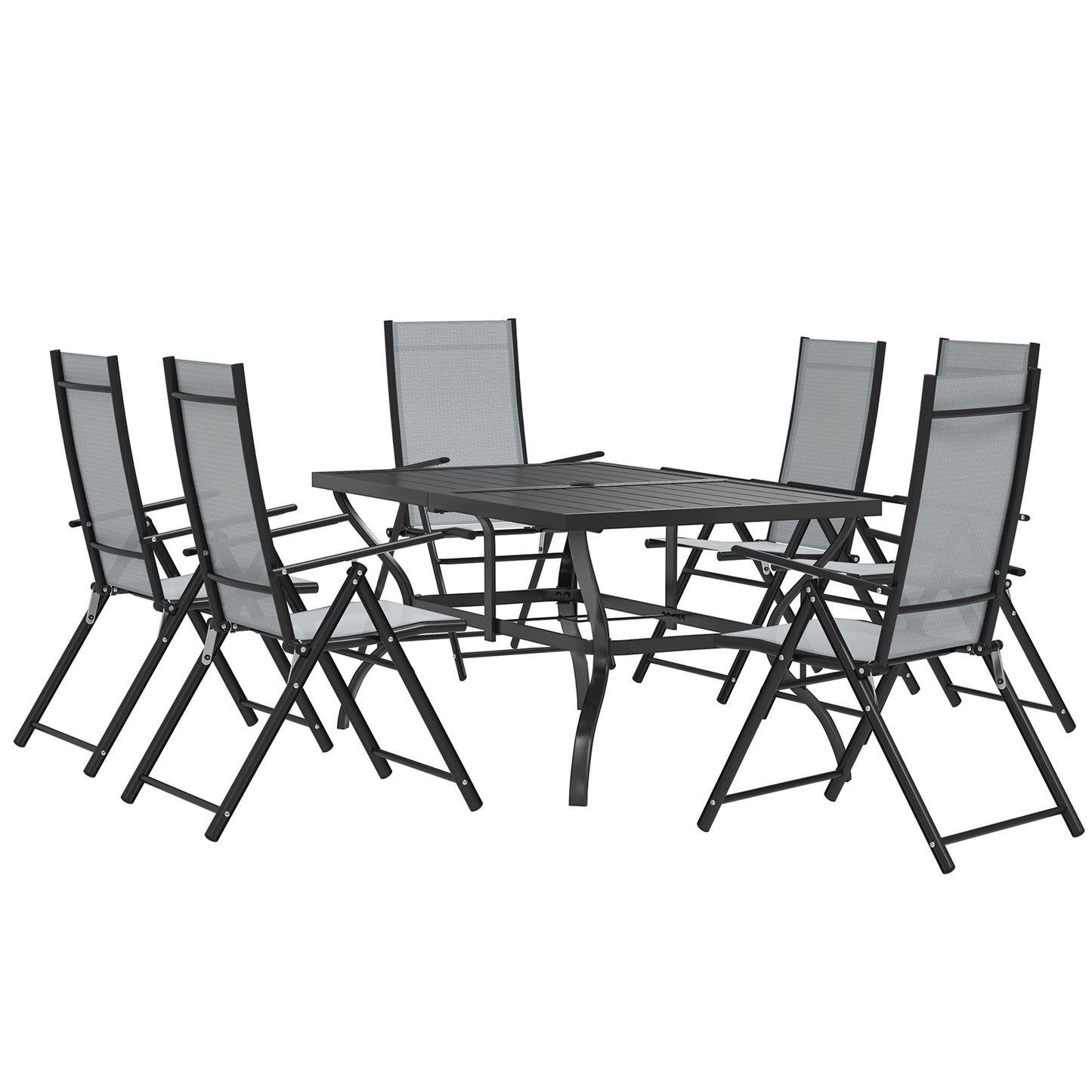7 Pieces Garden Dining Set, 6 Seater Garden Furniture Set with Parasol Hole, Outdoor Dining Set with High Back Folding Chairs and Square Metal Top Table for Outdoor Patio, Grey