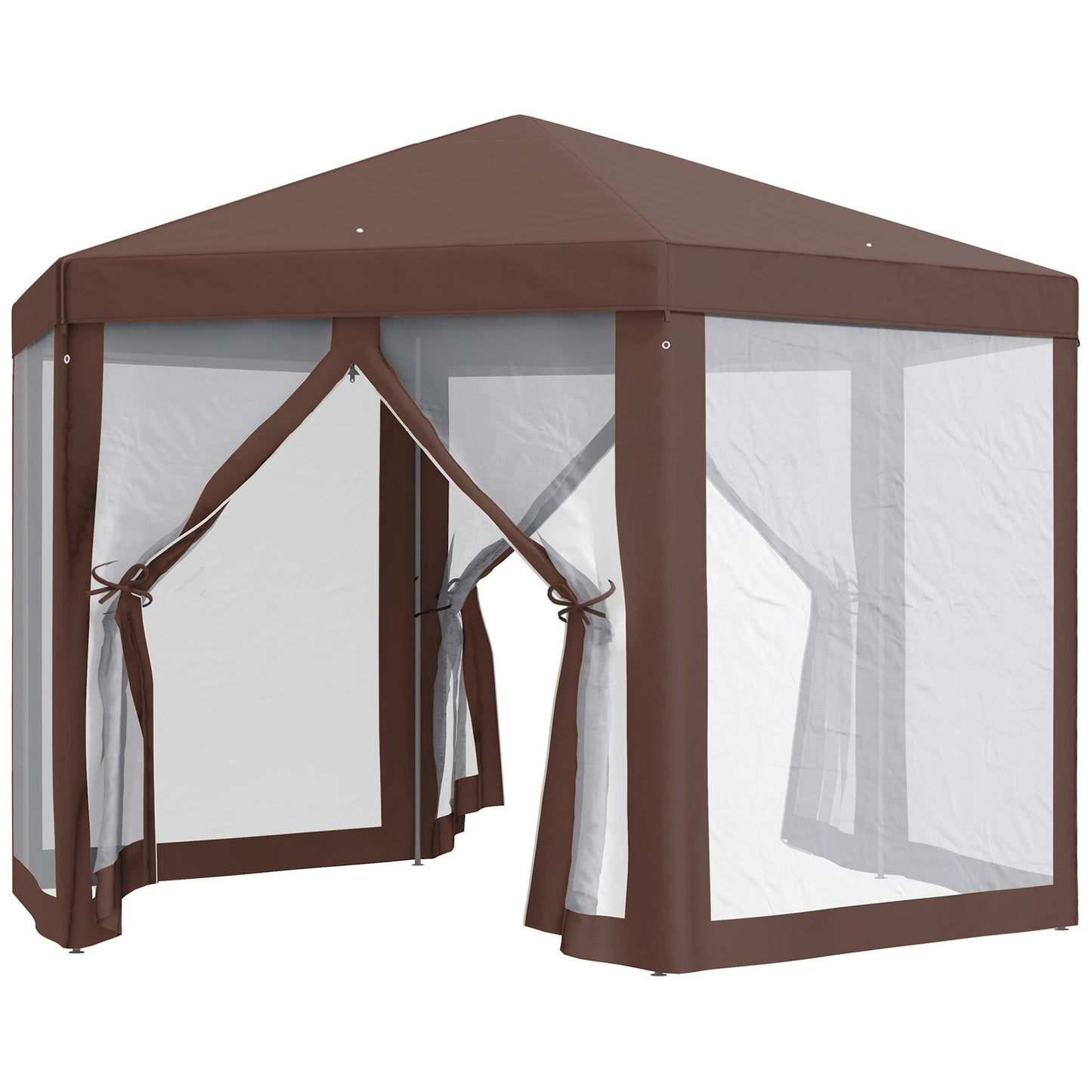 Hexagonal Garden Gazebo Patio Party Outdoor Canopy Tent Sun Shelter with Mosquito Netting and Zipped Door, Brown