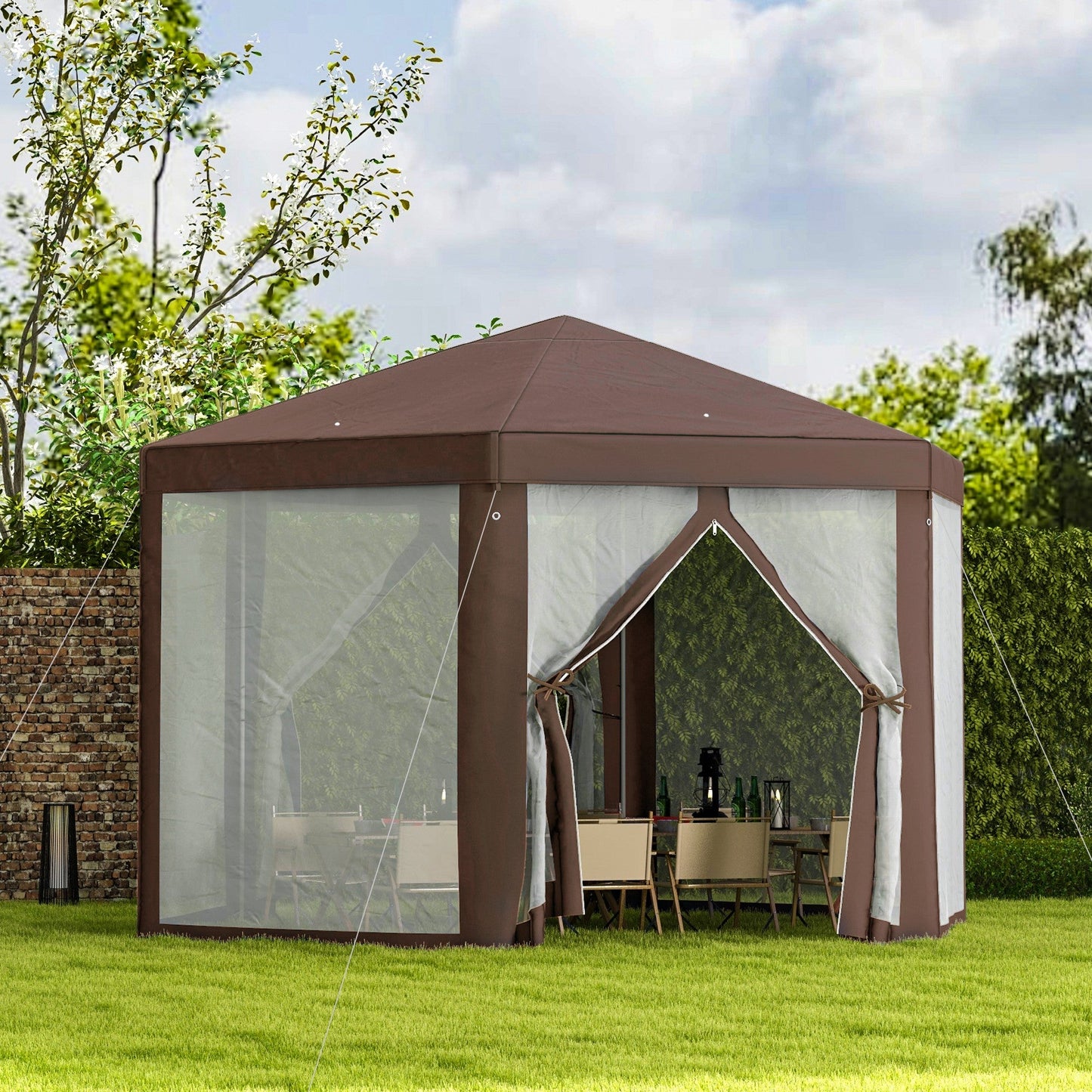 Hexagonal Garden Gazebo Patio Party Outdoor Canopy Tent Sun Shelter with Mosquito Netting and Zipped Door, Brown