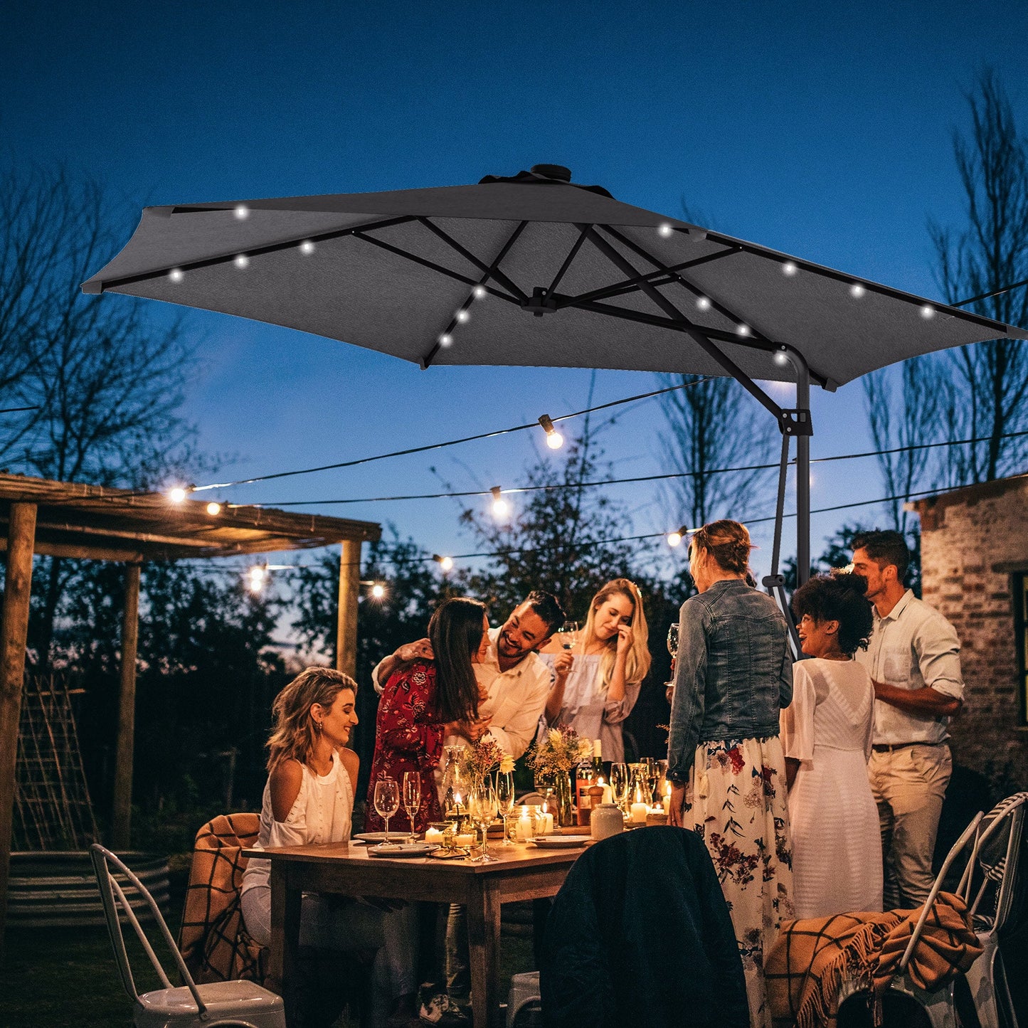 3(m) Cantilever Parasol with Solar LED and Easy Lever, Garden Parasol Umbrella with Cross Base and Waterproof Cover, Outdoor Sun Shades, Dark Grey