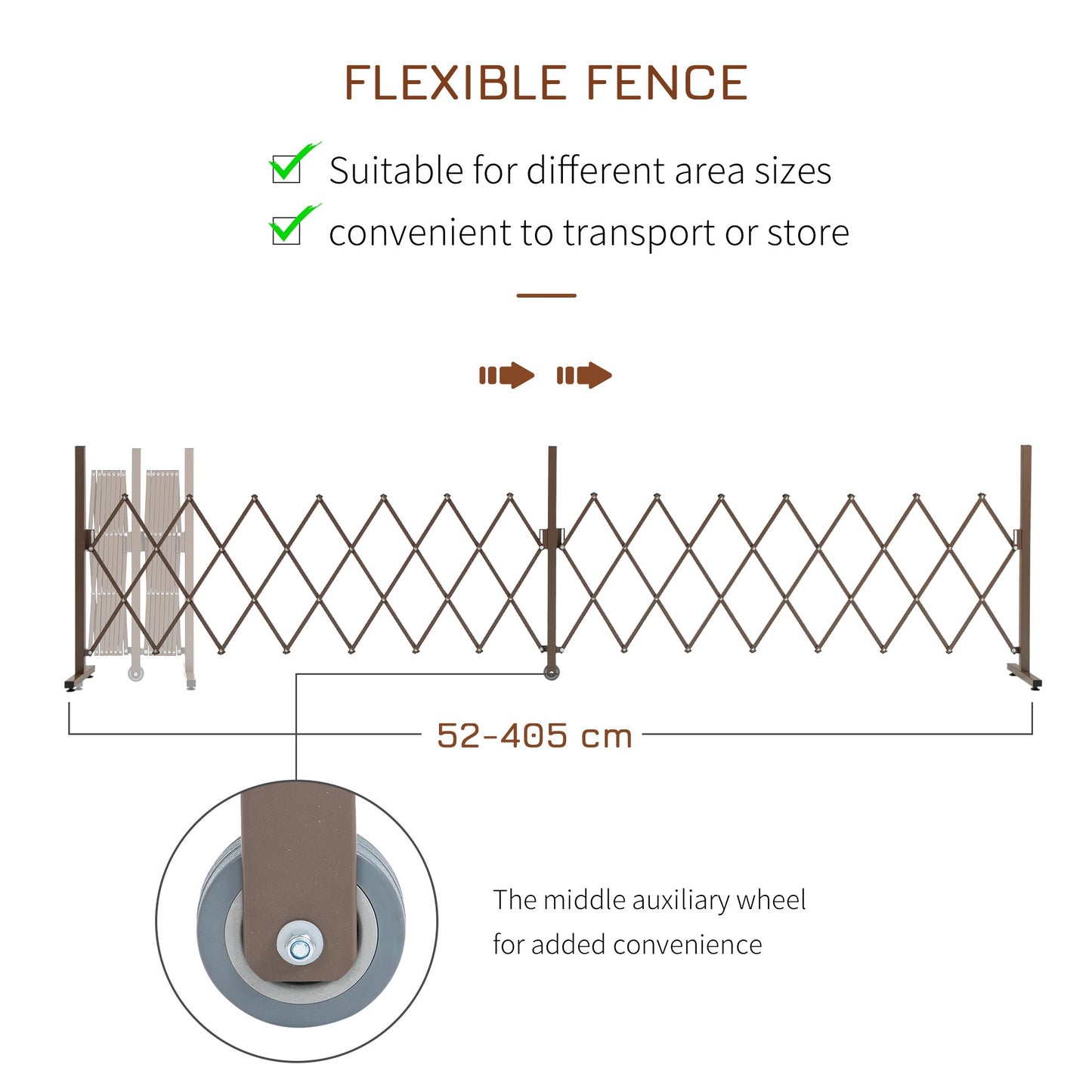 Expanding Fence Panel, Freestanding Aluminium Alloy Trellis Fence with Movable Scissor Grid and Wheel, 52-405cm Foldable Decorative Garden Fence for Patio Pet Safety, Dark Brown