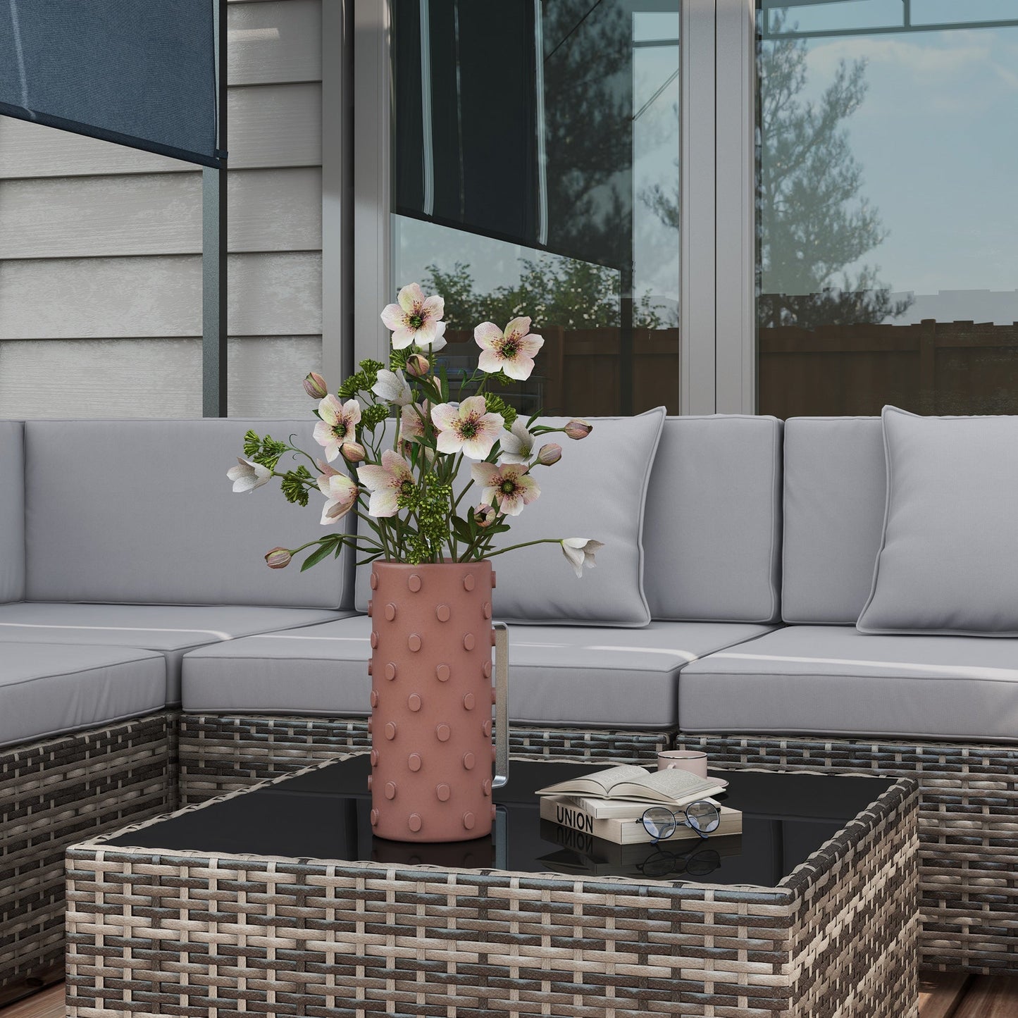 7 Pieces PE Rattan Garden Furniture Set with Thick Padded Cushion, Patio Garden Corner Sofa Sets with Glass Coffee Table and Pillows, Buckle Structure, Grey