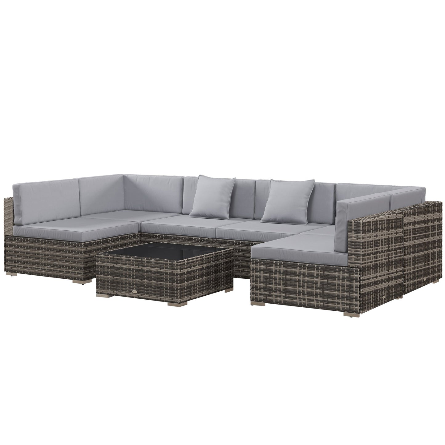7 Pieces PE Rattan Garden Furniture Set with Thick Padded Cushion, Patio Garden Corner Sofa Sets with Glass Coffee Table and Pillows, Buckle Structure, Grey