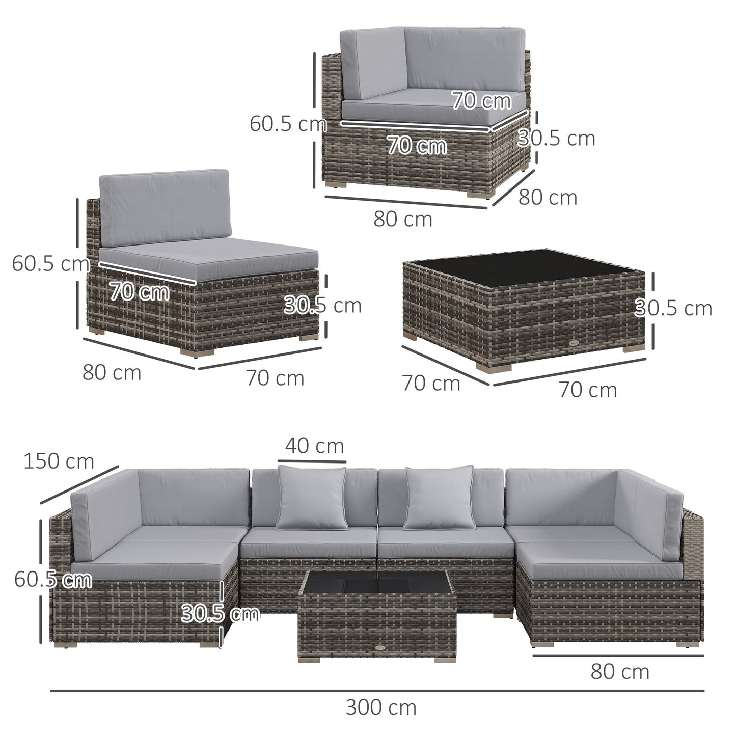 7 Pieces PE Rattan Garden Furniture Set with Thick Padded Cushion, Patio Garden Corner Sofa Sets with Glass Coffee Table and Pillows, Buckle Structure, Grey