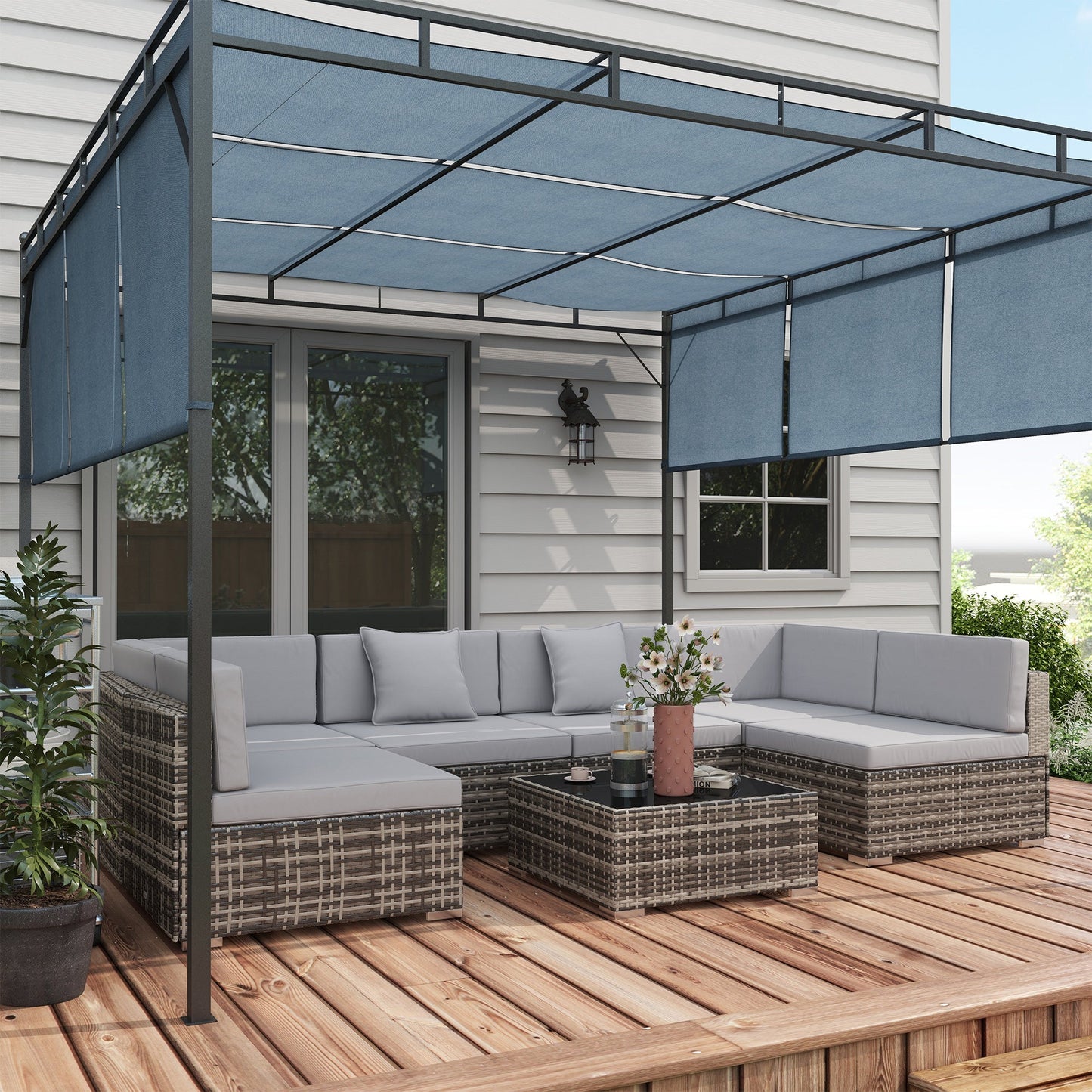 7 Pieces PE Rattan Garden Furniture Set with Thick Padded Cushion, Patio Garden Corner Sofa Sets with Glass Coffee Table and Pillows, Buckle Structure, Grey