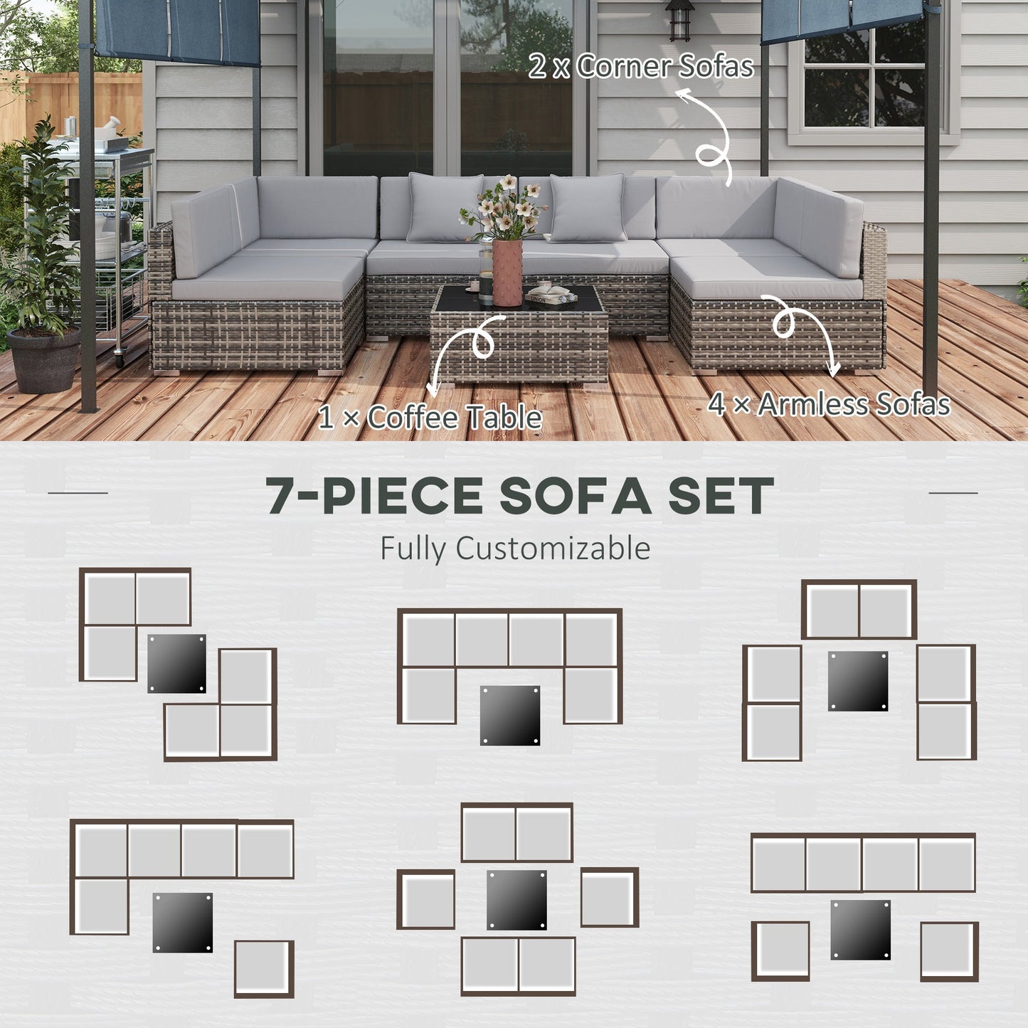 7 Pieces PE Rattan Garden Furniture Set with Thick Padded Cushion, Patio Garden Corner Sofa Sets with Glass Coffee Table and Pillows, Buckle Structure, Grey
