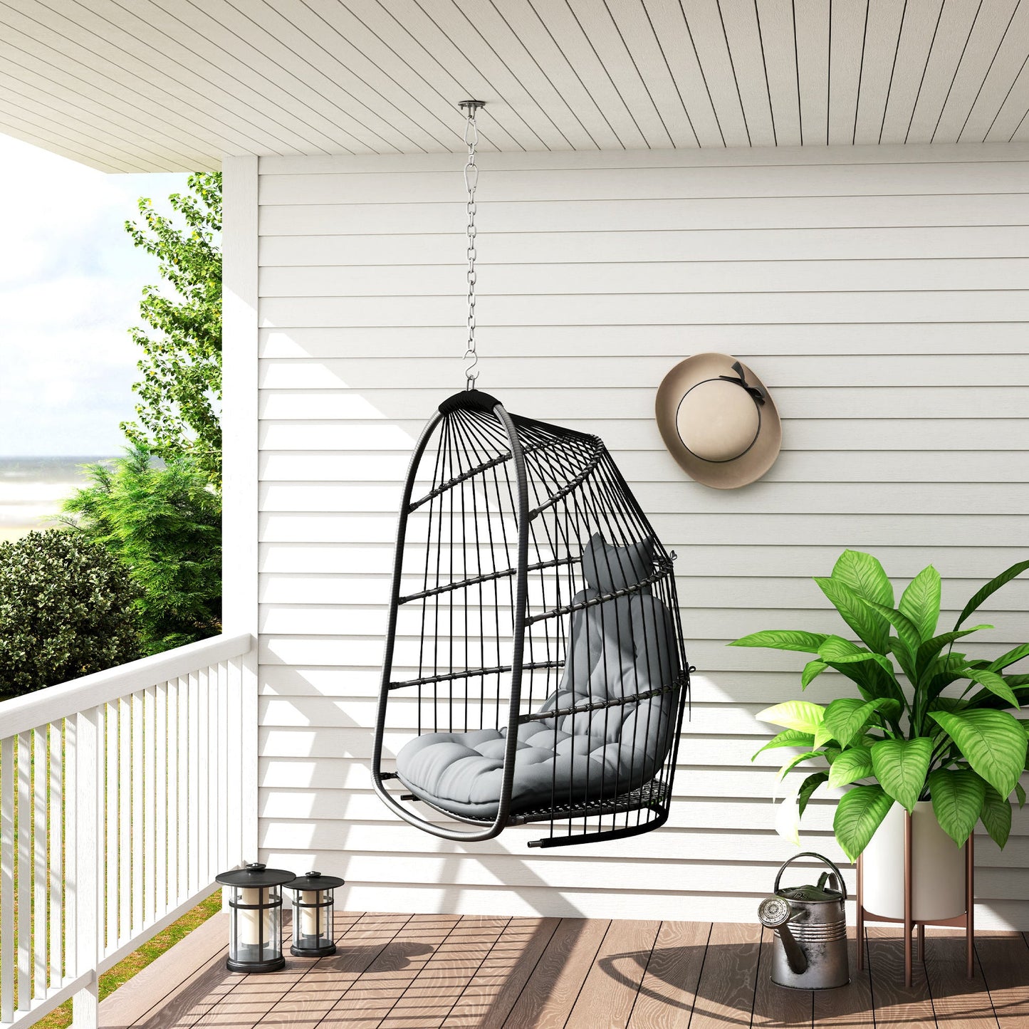 Hanging Egg Chair, Foldable Rattan Garden Swing Chair with Installation Kit, Thickened Cushion and Headrest, Indoor Outdoor Hanging Egg Basket Seat for Patio, Porch, Dark Grey