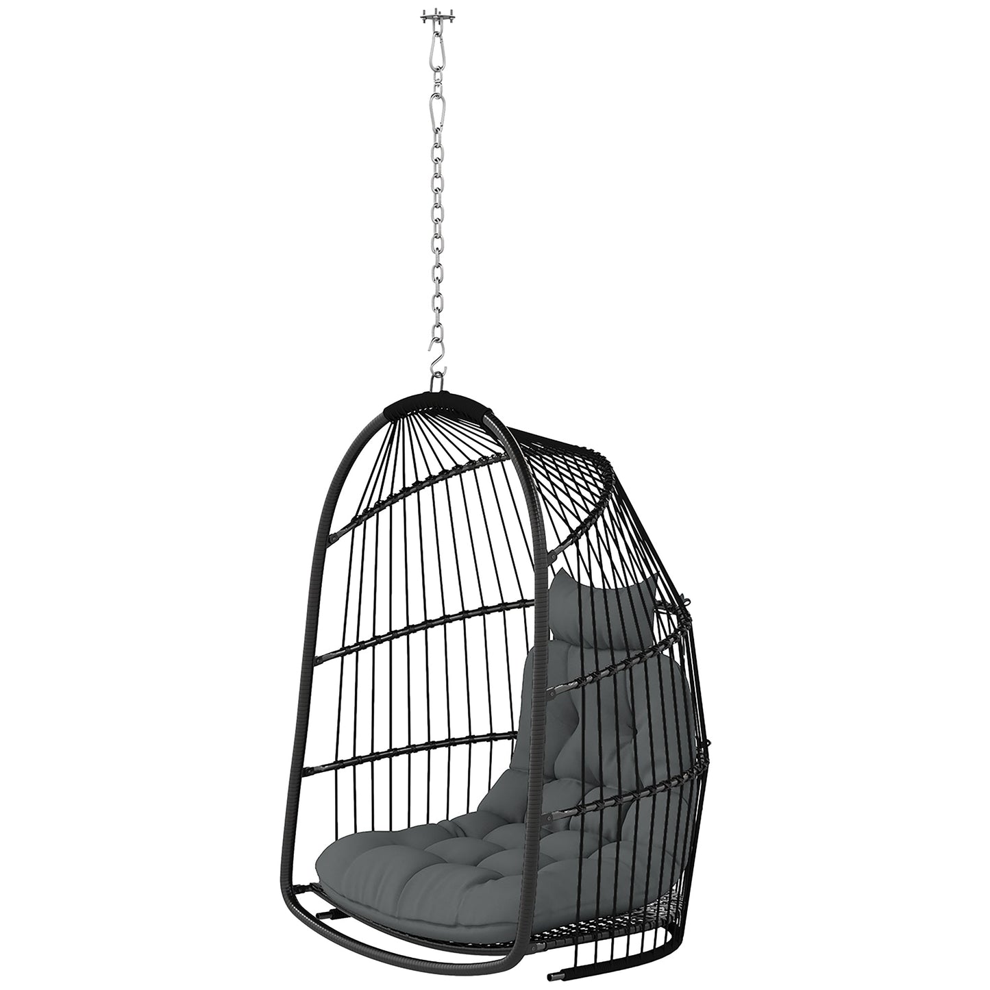 Hanging Egg Chair, Foldable Rattan Garden Swing Chair with Installation Kit, Thickened Cushion and Headrest, Indoor Outdoor Hanging Egg Basket Seat for Patio, Porch, Dark Grey