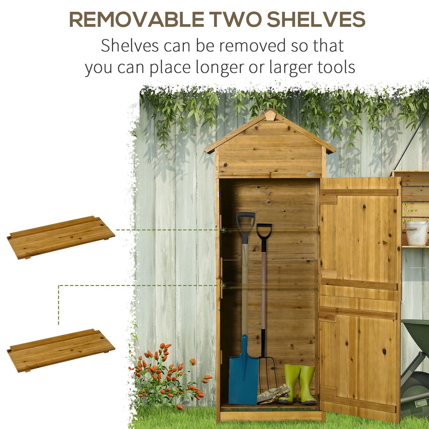 Wooden Garden Storage Shed Utility Gardener Cabinet w/ 3 Shelves, Tilted-felt Roof and Two Lockable Doors, 79cm x 49cm x 191.5cm, Natural wood effect