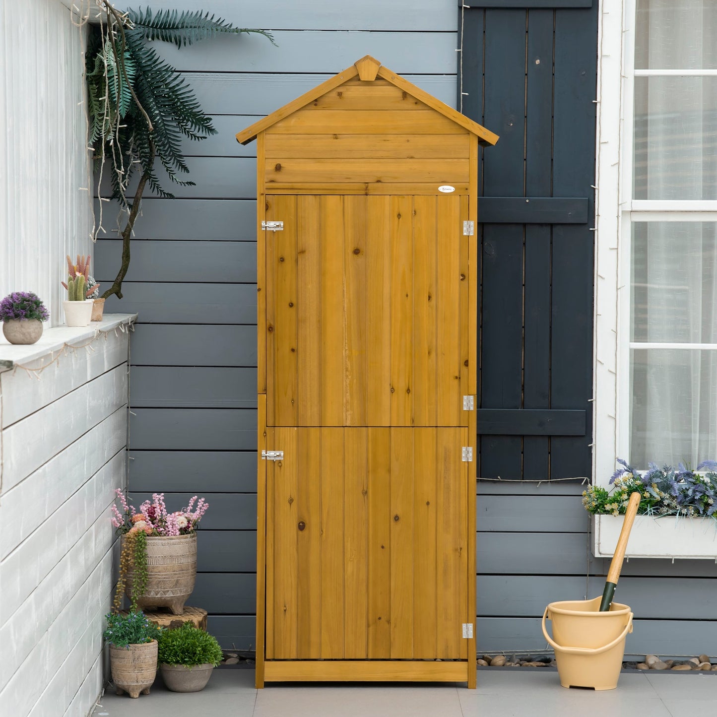 Wooden Garden Storage Shed Utility Gardener Cabinet w/ 3 Shelves, Tilted-felt Roof and Two Lockable Doors, 79cm x 49cm x 191.5cm, Natural wood effect