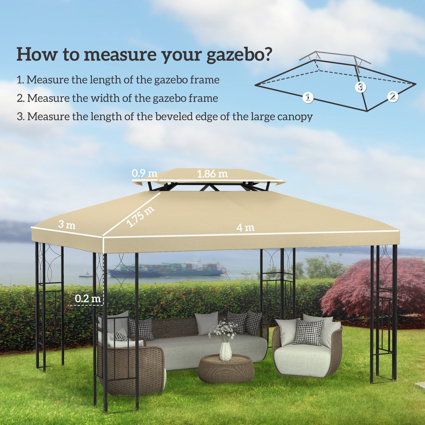 3x4m Gazebo Canopy Replacement Cover, 2 Tier Top Roof UV Cover Garden Patio Outdoor Sun Awning Shelters, Cream White (TOP COVER ONLY)