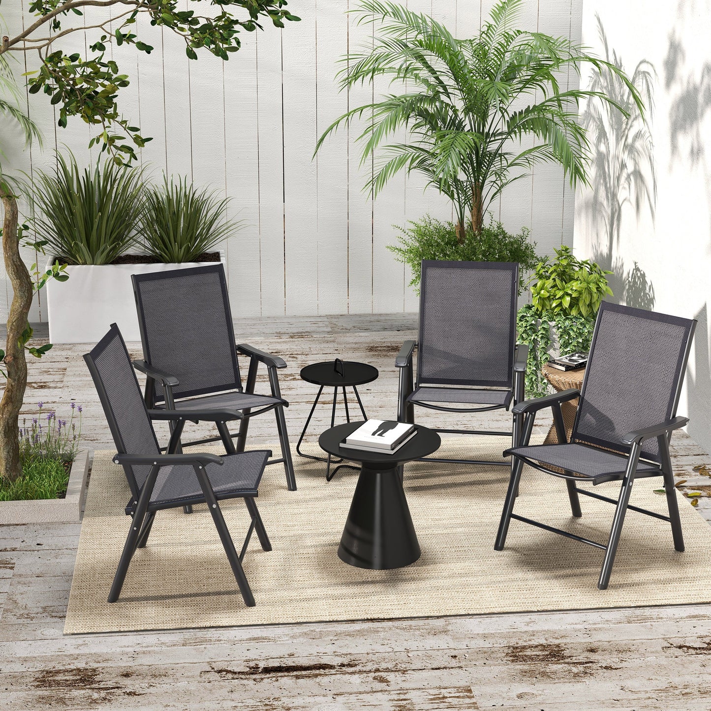 Set of 4 Folding Garden Chairs, Metal Frame Garden Chairs Outdoor Patio Park Dining Seat with Breathable Mesh Seat, Charcoal Grey