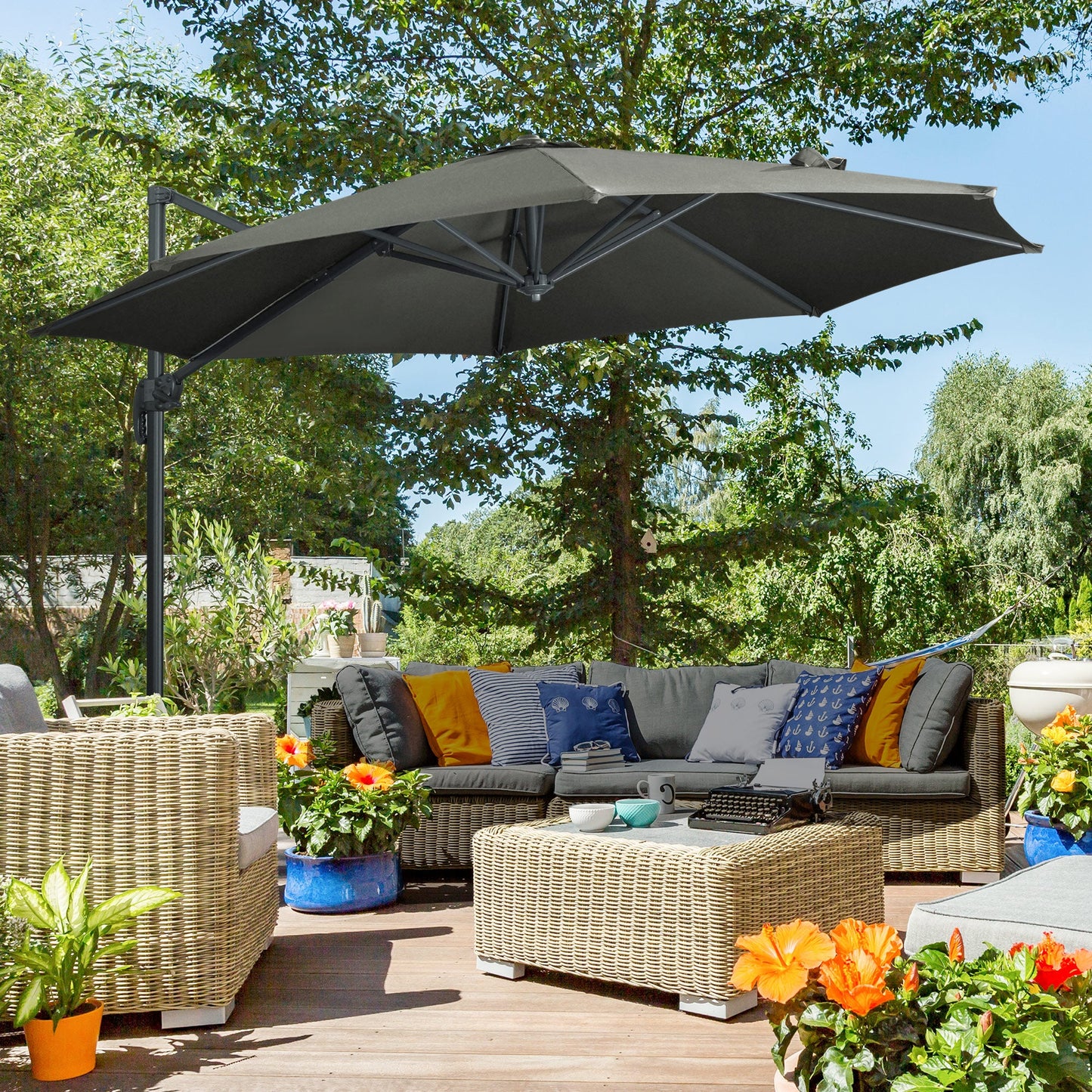 3 x 3(m) Cantilever Parasol with Cross Base, Garden Umbrella with 360° Rotation, Crank Handle and Tilt for Outdoor, Patio, Grey